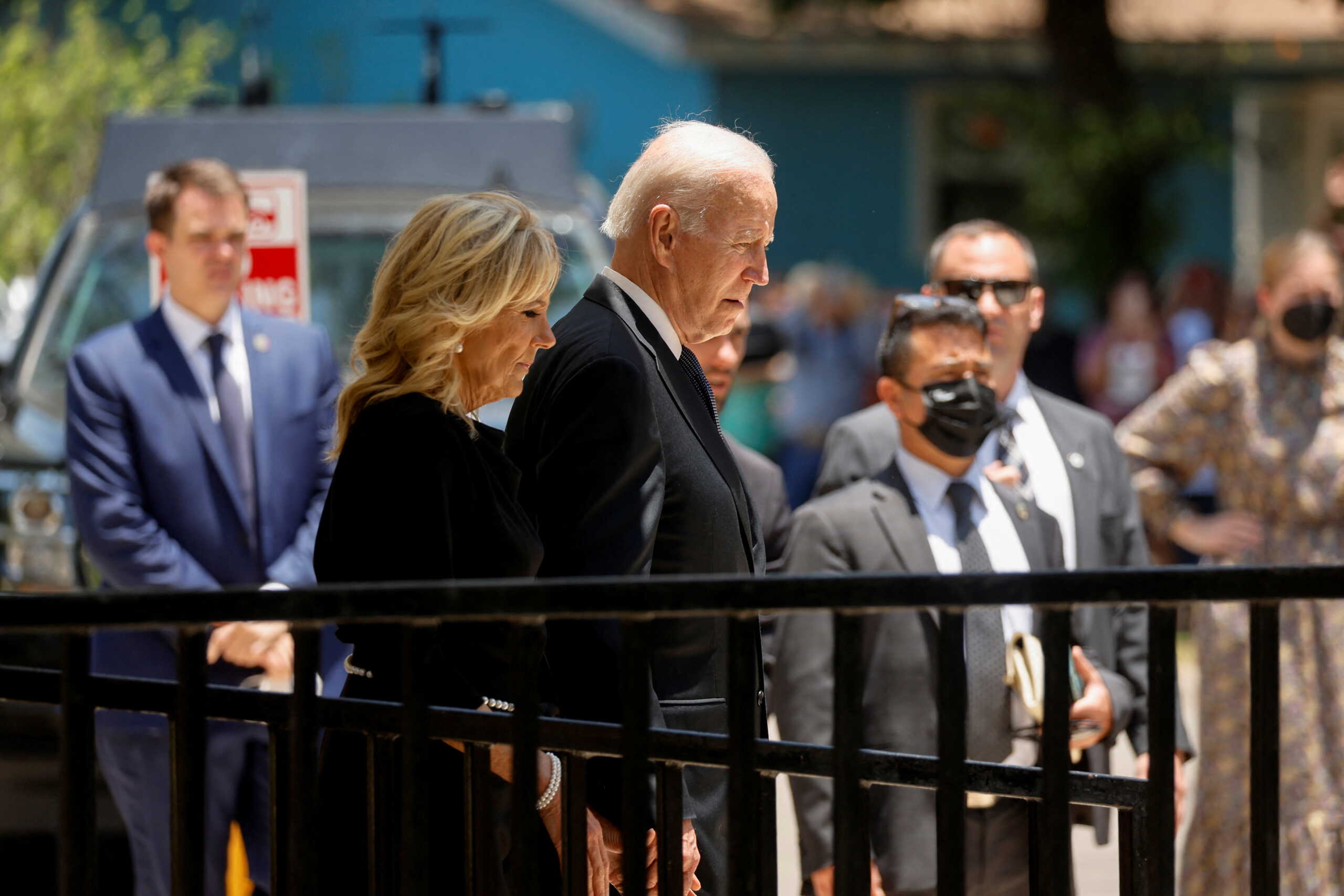 U.S. President Joe Biden and first lady Jill Biden leave the Sacred Heart Catholic Church after attending mass following a visit to pay their respects at a memorial at Robb Elementary School, where a gunman killed 19 children and two teachers in the deadliest U.S. school shooting in nearly a decade, in Uvalde, Texas, May 29, 2022. REUTERS
