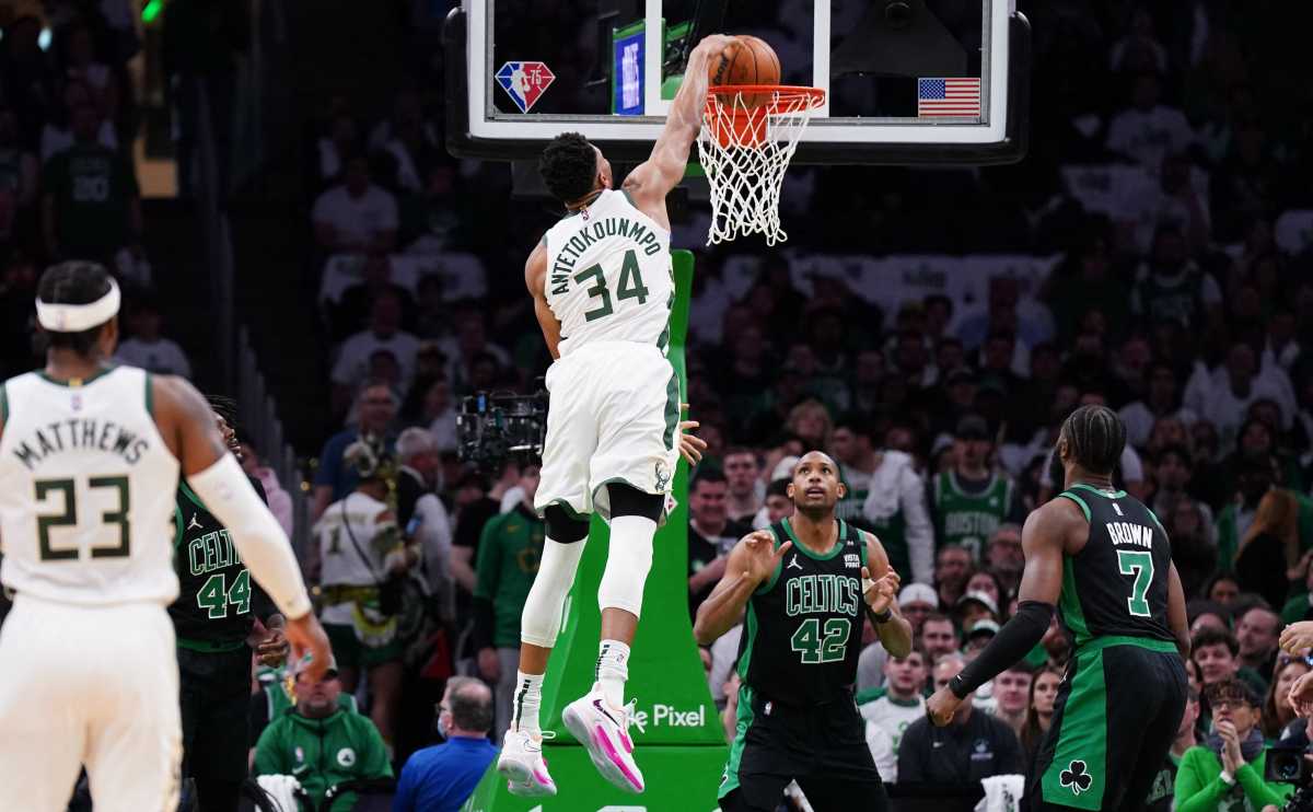 May 1, 2022; Boston, Massachusetts, USA; Milwaukee Bucks forward Giannis Antetokounmpo (34) shoots against the Boston Celtics in the first quarter during game one of the second round for the 2022 NBA playoffs at TD Garden. Mandatory Credit: David Butler II-USA TODAY Sports