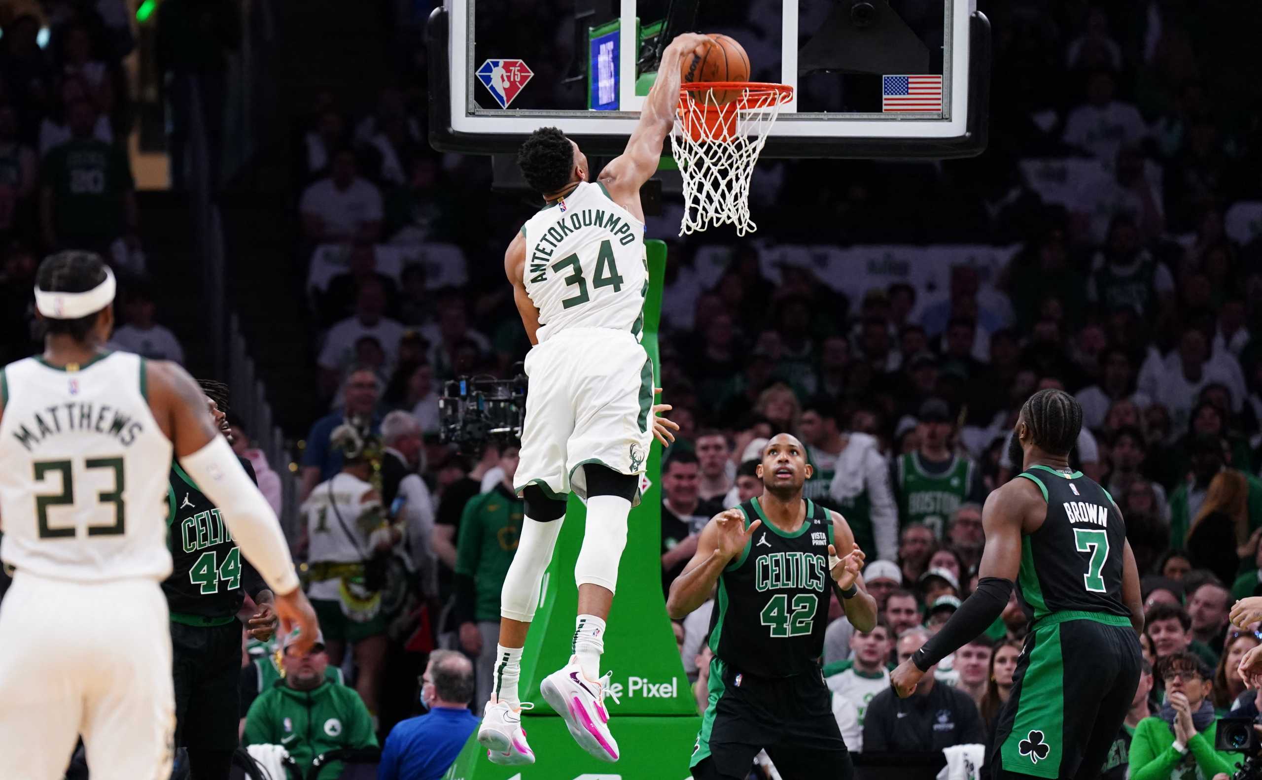 May 1, 2022; Boston, Massachusetts, USA; Milwaukee Bucks forward Giannis Antetokounmpo (34) shoots against the Boston Celtics in the first quarter during game one of the second round for the 2022 NBA playoffs at TD Garden. Mandatory Credit: David Butler II-USA TODAY Sports