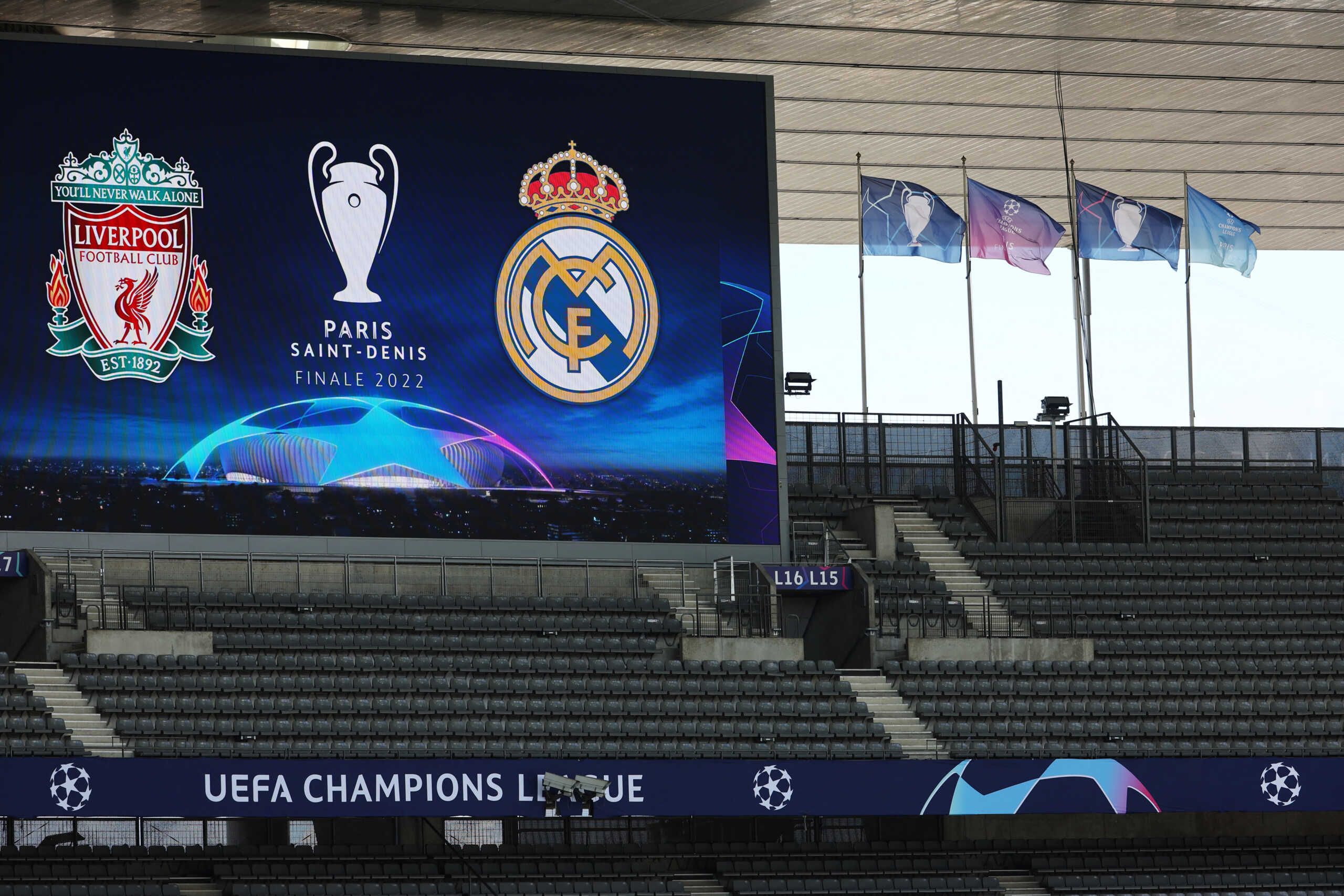 Soccer Football - Champions League Final - Liverpool Training - Stade de France, Saint-Denis near Paris, France - May 27, 2022 General view of a big screen inside the stadium ahead of training REUTERS