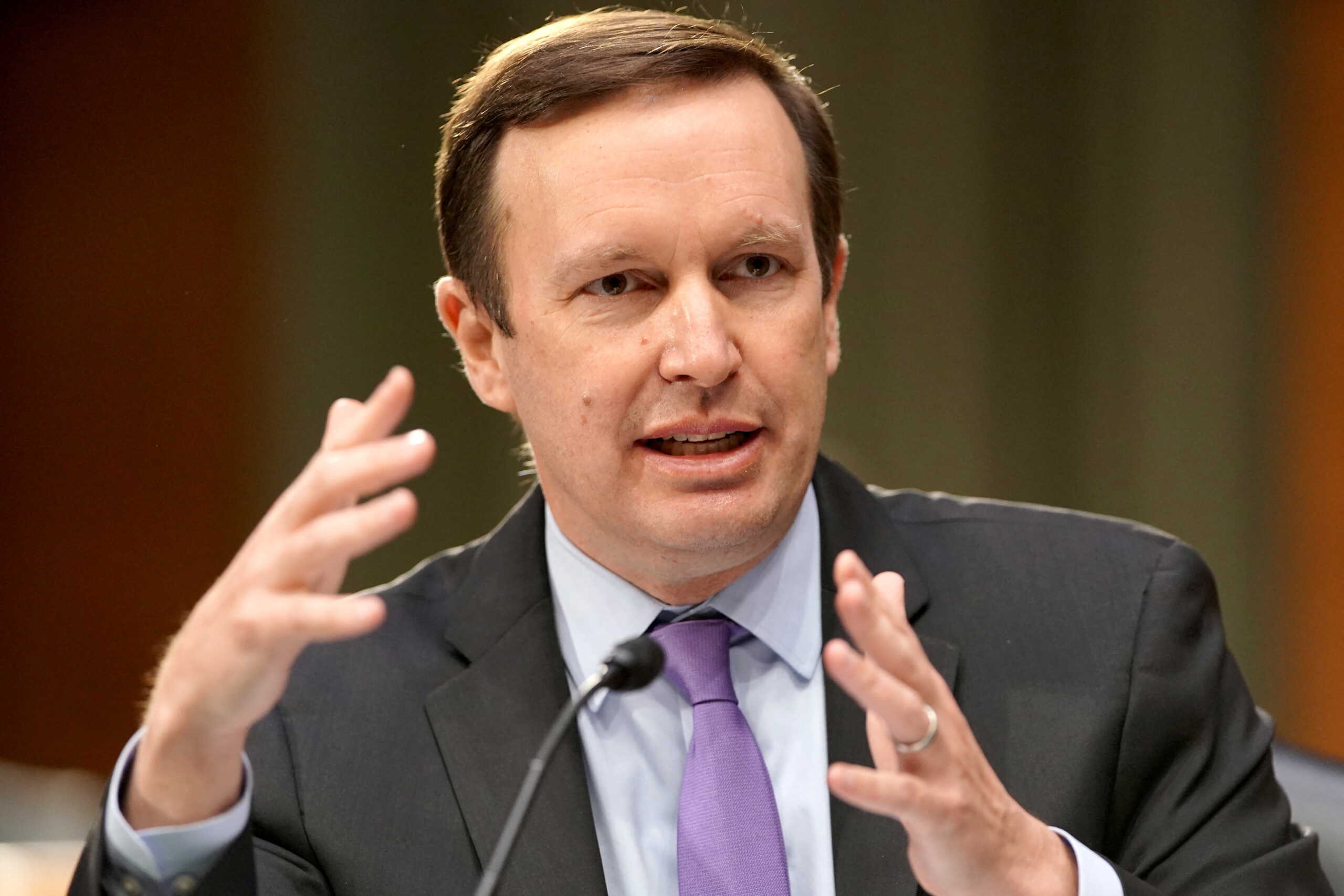 FILE PHOTO: U.S. Senator Chris Murphy (D-CT) asks questions during a Senate Health, Education, Labor and Pensions Committee hearing to discuss the on-going federal response to COVID-19, at the U.S. Capitol in Washington, D.C., U.S., May 11, 2021. Greg Nash