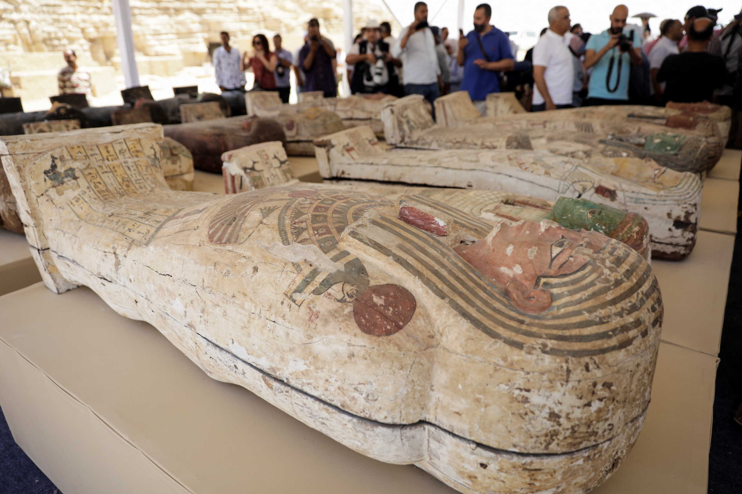 Sarcophaguses that are around 2500 years old, from the newly discovered burial site near Egypt's Saqqara necropolis, are displayed during a presentation in Giza, Egypt May 30, 2022. REUTERS
