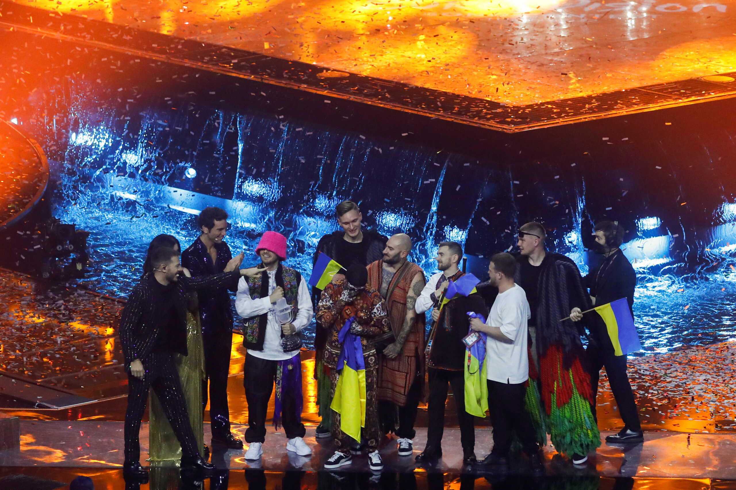 Kalush Orchestra from Ukraine appear on stage after winning the 2022 Eurovision Song Contest in Turin, Italy, May 15, 2022. REUTERS