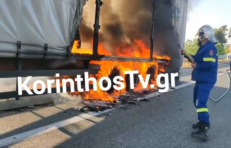 Εθνική Οδός: Η στιγμή που φορτηγό παίρνει φωτιά και τυλίγεται στις φλόγες στην Πατρών – Κορίνθου