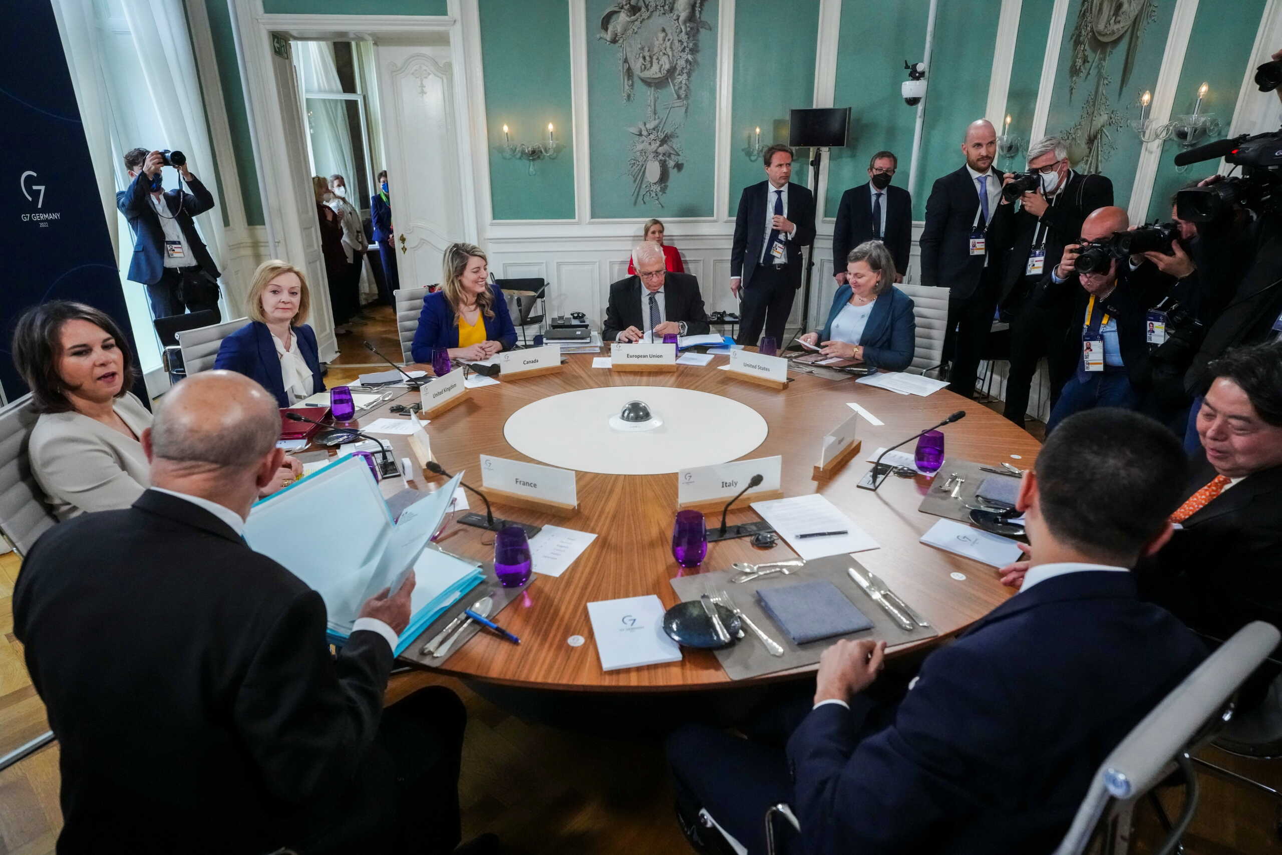 German Foreign Minister Annalena Baerbock, French Foreign Minister Jean-Yves Le Drian, British Foreign Secretary Elizabeth Truss, Canadian Foreign Minister Melanie Joly, European Union's High Representative for Foreign Affairs Josep Borrell, U.S. Under Secretary of State for Political Affairs Victoria Nuland, Italian Foreign Minister Luigi Di Maio and  Japanese Foreign Minister Yoshimasa Hayashi attend the working session at the G7 foreign ministers' summit in Weissenhaeuser Strand, Germany, May 13, 2022. Kay Nietfeld