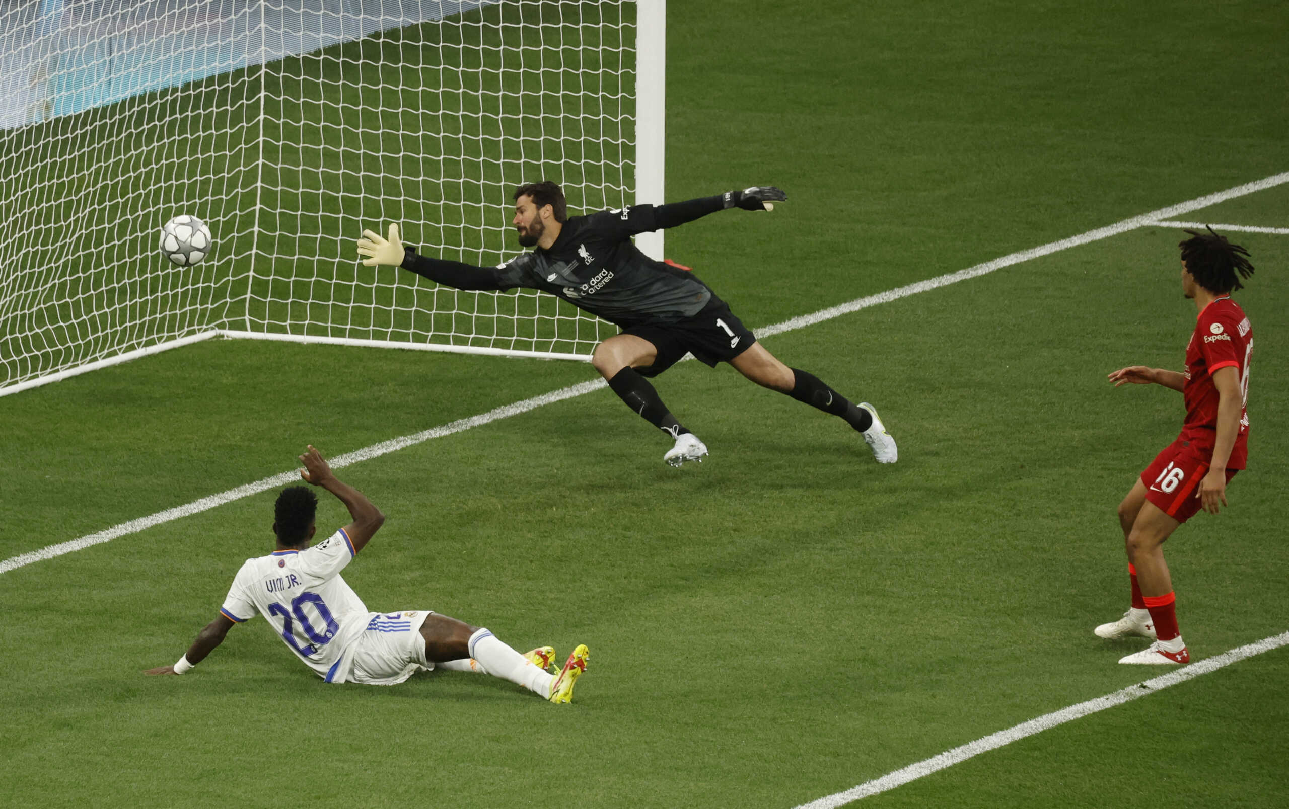 Soccer Football - Champions League Final - Liverpool v Real Madrid - Stade de France, Saint-Denis near Paris, France - May 28, 2022  Real Madrid's Vinicius Junior scores their first goal REUTERS