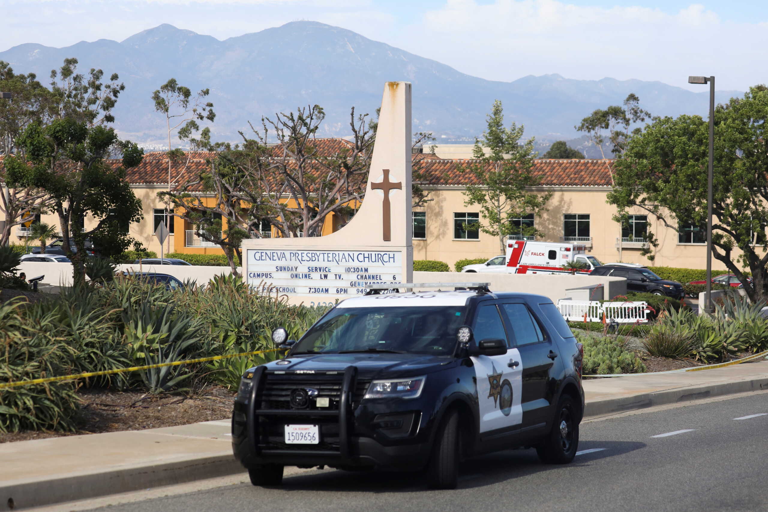 A police car is seen after a deadly shooting at Geneva Presbyterian Church in Laguna Woods, California, U.S. May 15, 2022.  REUTERS