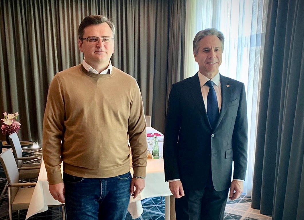 Ukraine's Foreign Minister Dmytro Kuleba poses for a photo with U.S. Secretary of State Antony Blinken during a meeting in Berlin, Germany, in this image posted on Twitter on May 15, 2022.    Courtesy of Dmytro Kuleba via Twitter