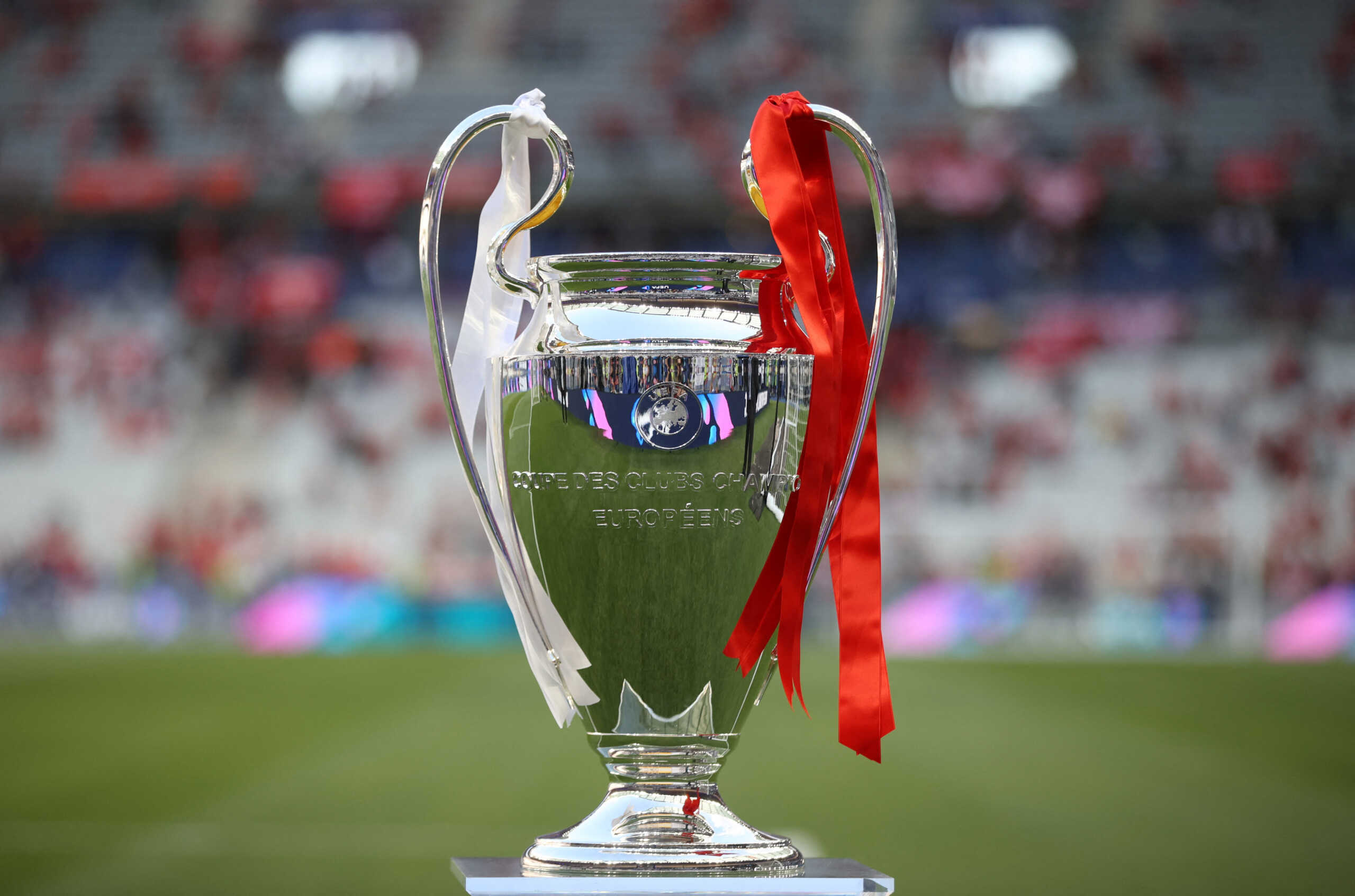 Soccer Football - Champions League Final - Liverpool v Real Madrid - Stade de France, Saint-Denis near Paris, France - May 28, 2022 The Champions League trophy is displayed inside the stadium before the match REUTERS