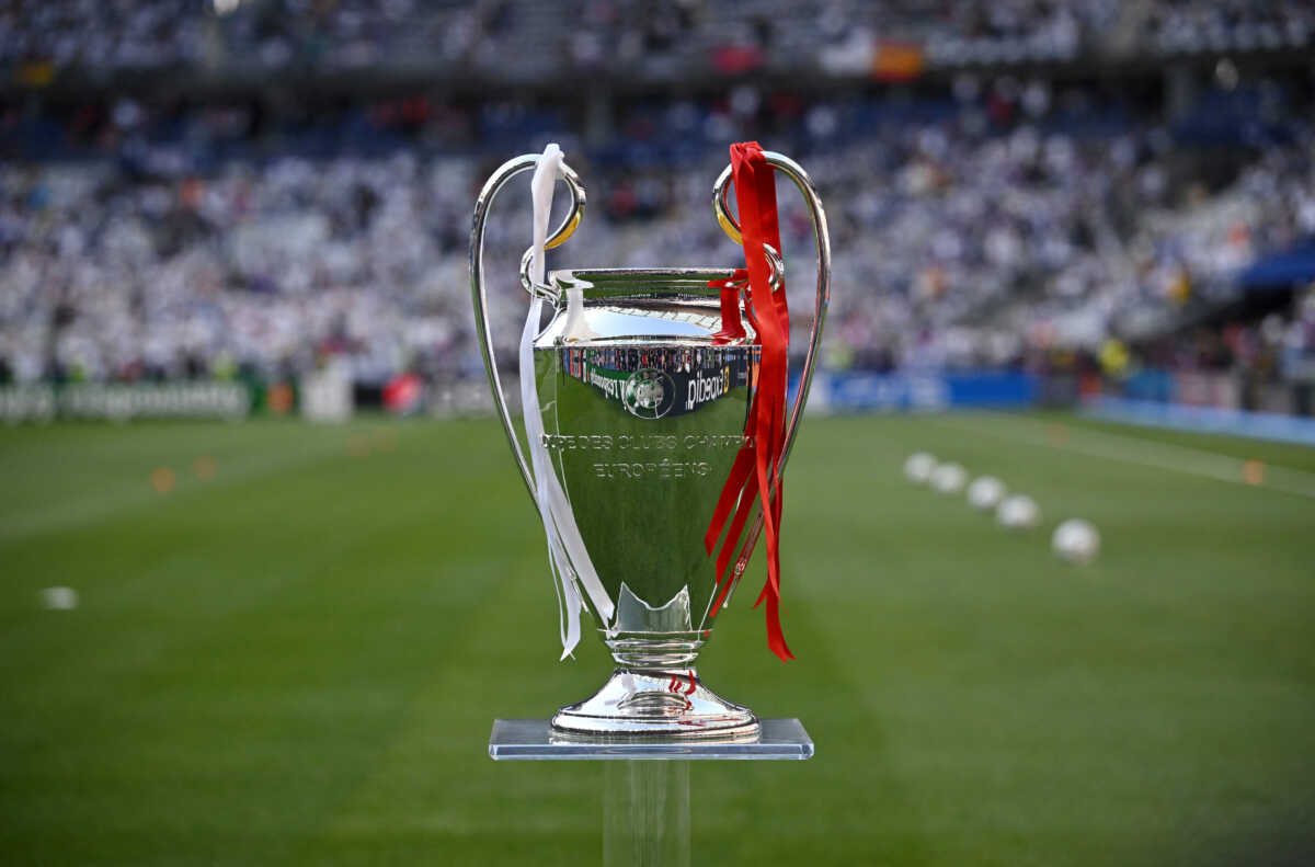 Soccer Football - Champions League Final - Liverpool v Real Madrid - Stade de France, Saint-Denis near Paris, France - May 28, 2022 General view of the Champions League trophy on a plinth inside the stadium before the match REUTERS