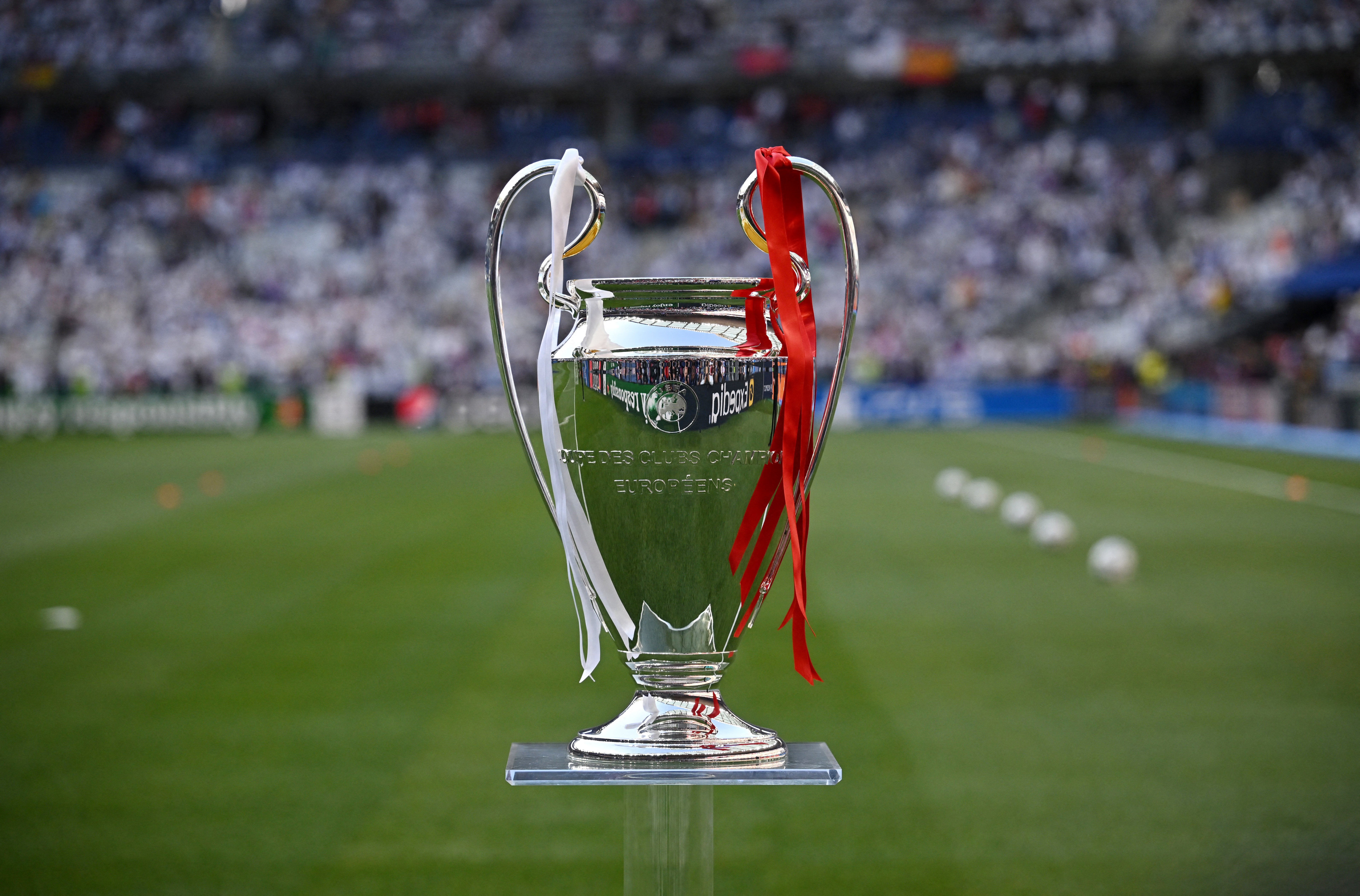 Soccer Football - Champions League Final - Liverpool v Real Madrid - Stade de France, Saint-Denis near Paris, France - May 28, 2022 General view of the Champions League trophy on a plinth inside the stadium before the match REUTERS