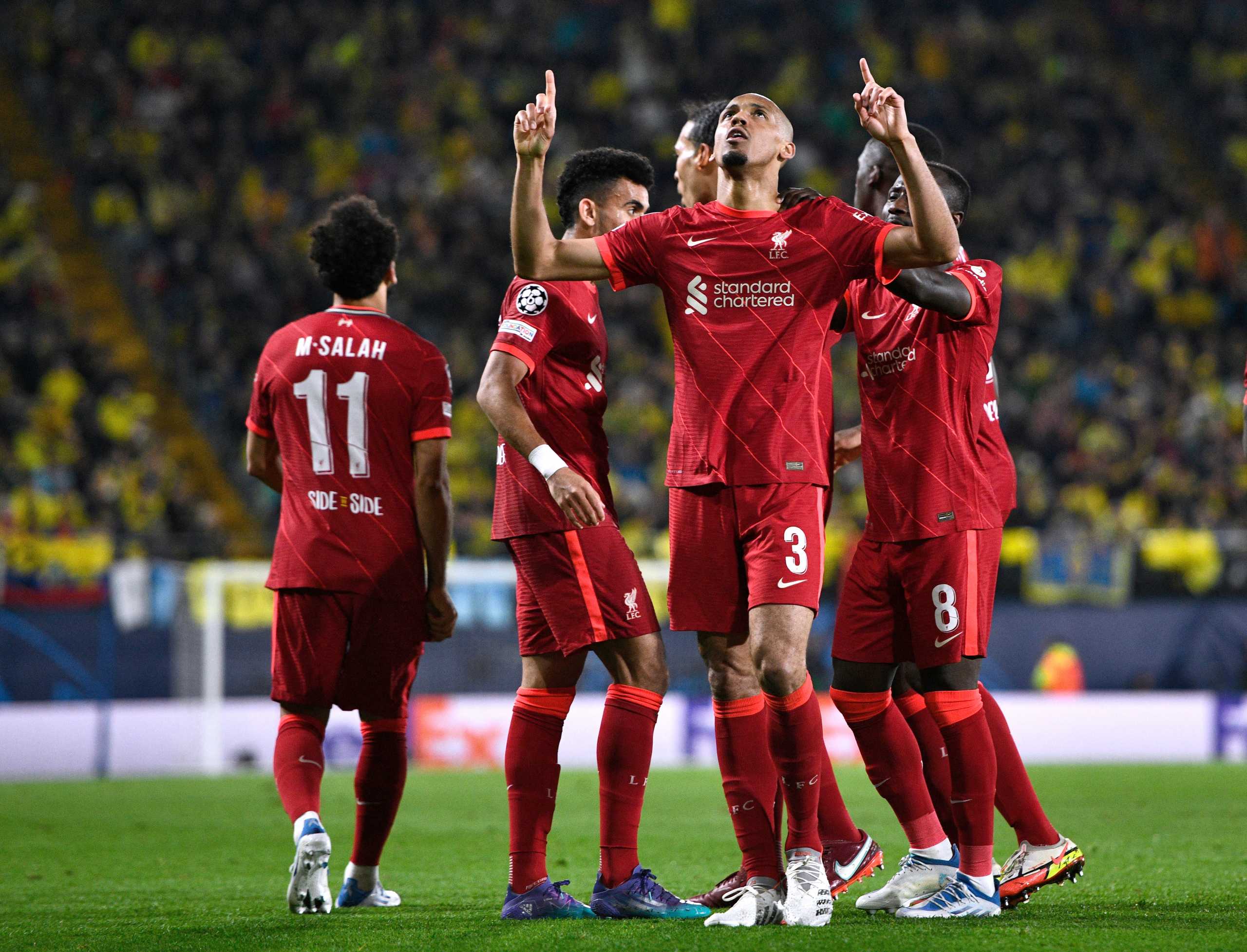 Soccer Football - Champions League - Semi Final - Second Leg - Villarreal v Liverpool - Estadio de la Ceramica, Villarreal, Spain - May 3, 2022 Liverpool's Fabinho celebrates scoring their first goal with teammates REUTERS