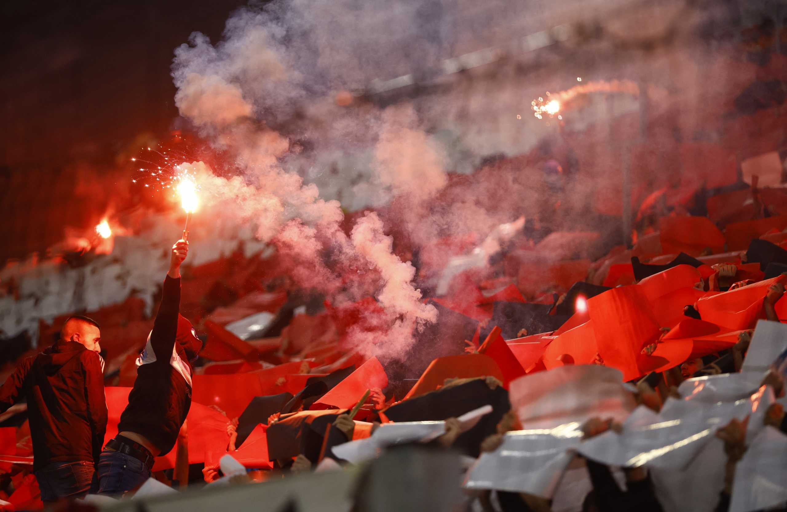 Soccer Football - Europa Conference League - Semi Final - Second Leg - Olympique de Marseille v Feyenoord - Orange Velodrome, Marseille, France - May 5, 2022 Fans with flares in the stands inside the stadium before the match REUTERS