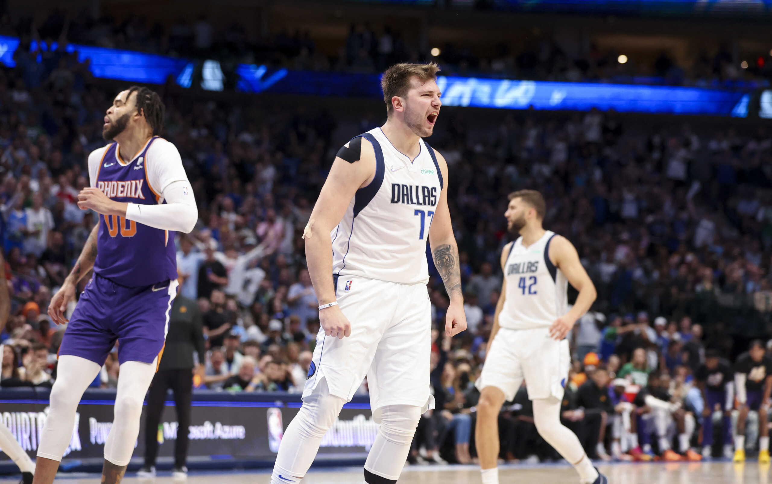 May 6, 2022; Dallas, Texas, USA; Dallas Mavericks guard Luka Doncic (77) reacts during the fourth quarter against the Phoenix Suns in game three of the second round of the 2022 NBA playoffs at American Airlines Center. Mandatory Credit: Kevin Jairaj-USA TODAY Sports