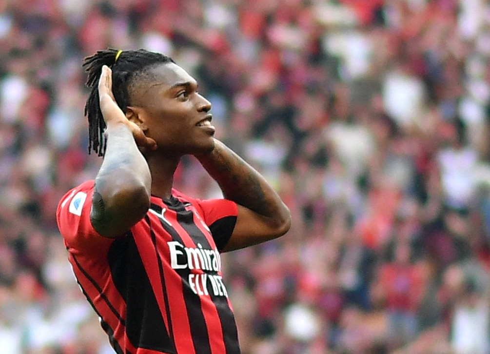 Soccer Football - Serie A - AC Milan v Atalanta - San Siro, Milan, Italy - May 15, 2022  AC Milan's Rafael Leao celebrates scoring their first goal REUTERS