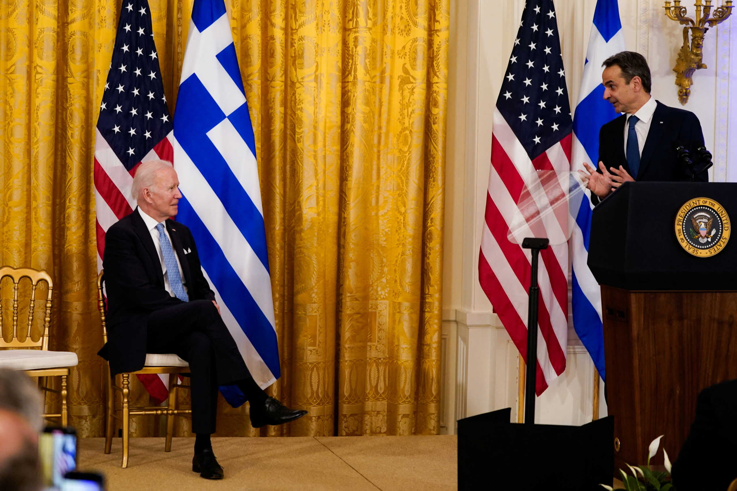 Prime Minister Kyriakos Mitsotakis of Greece speaks during a reception hosted by U.S. President Joe Biden and first lady Jill Biden for the prime minister and his wife at White House in Washington, U.S., May 16, 2022. REUTERS