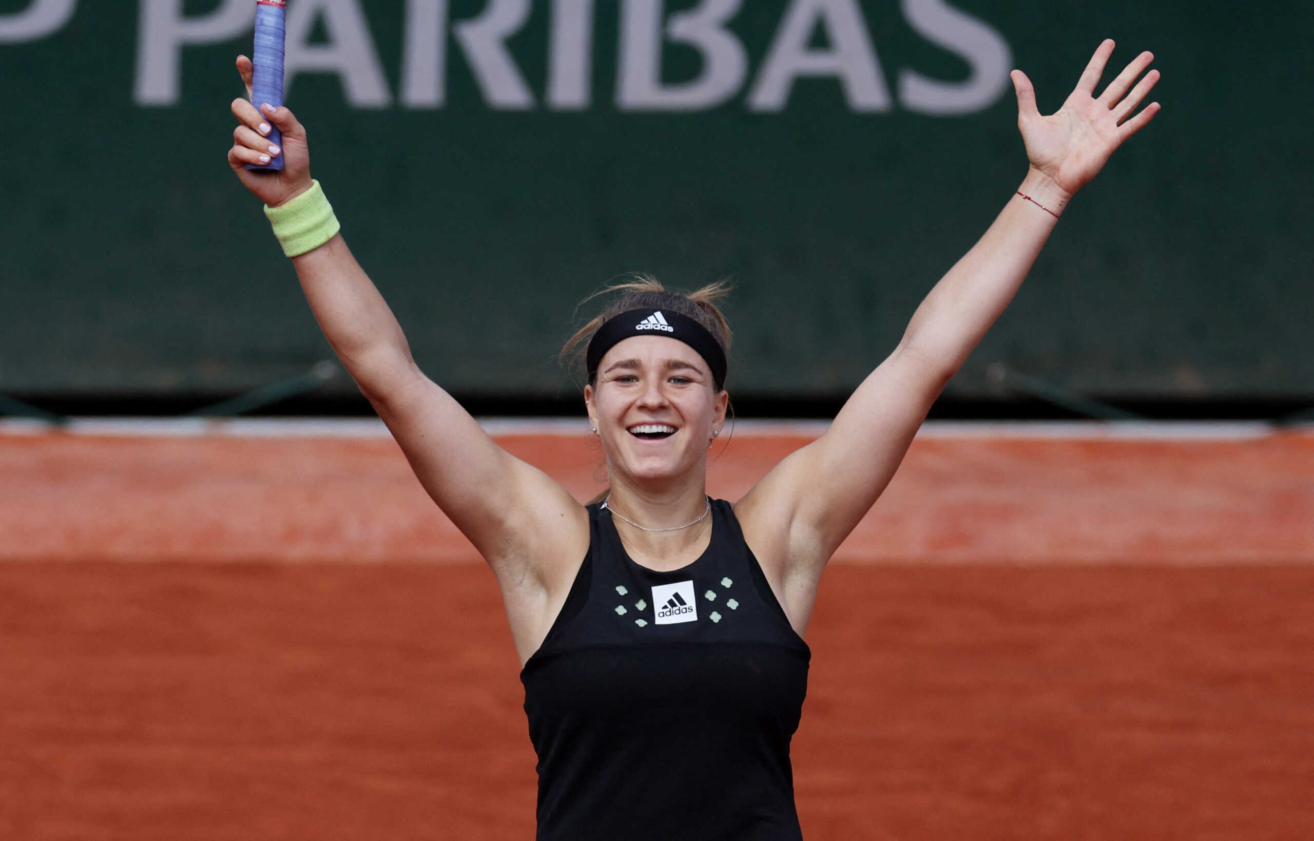 Tennis - French Open - Roland Garros, Paris, France - May 25, 2022 Czech Republic's Karolina Muchova celebrates winning her second round match against Greece's Maria Sakkari REUTERS