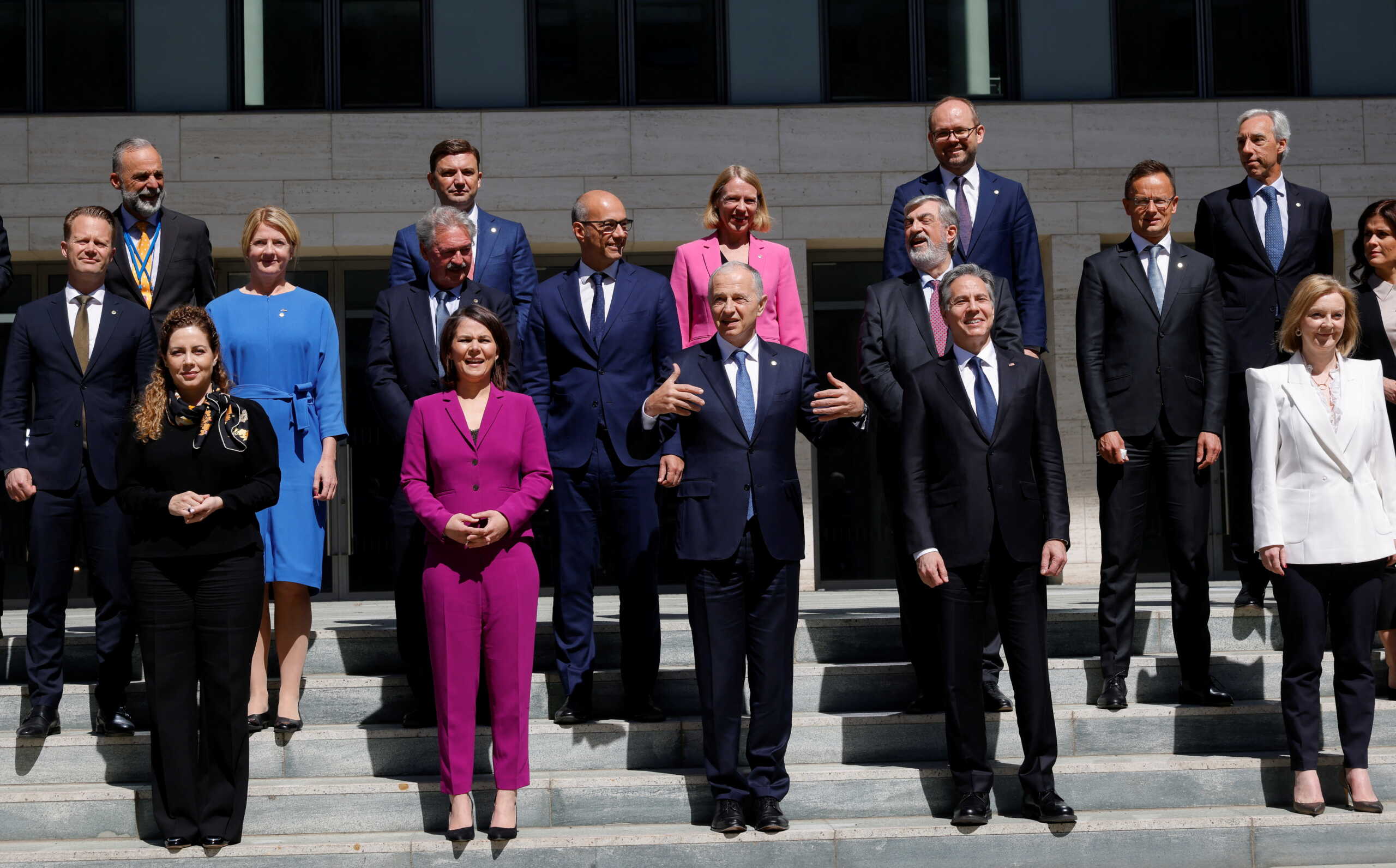Foreign ministers pose for a family photo at a NATO meeting in Berlin, Germany May 15, 2022. REUTERS