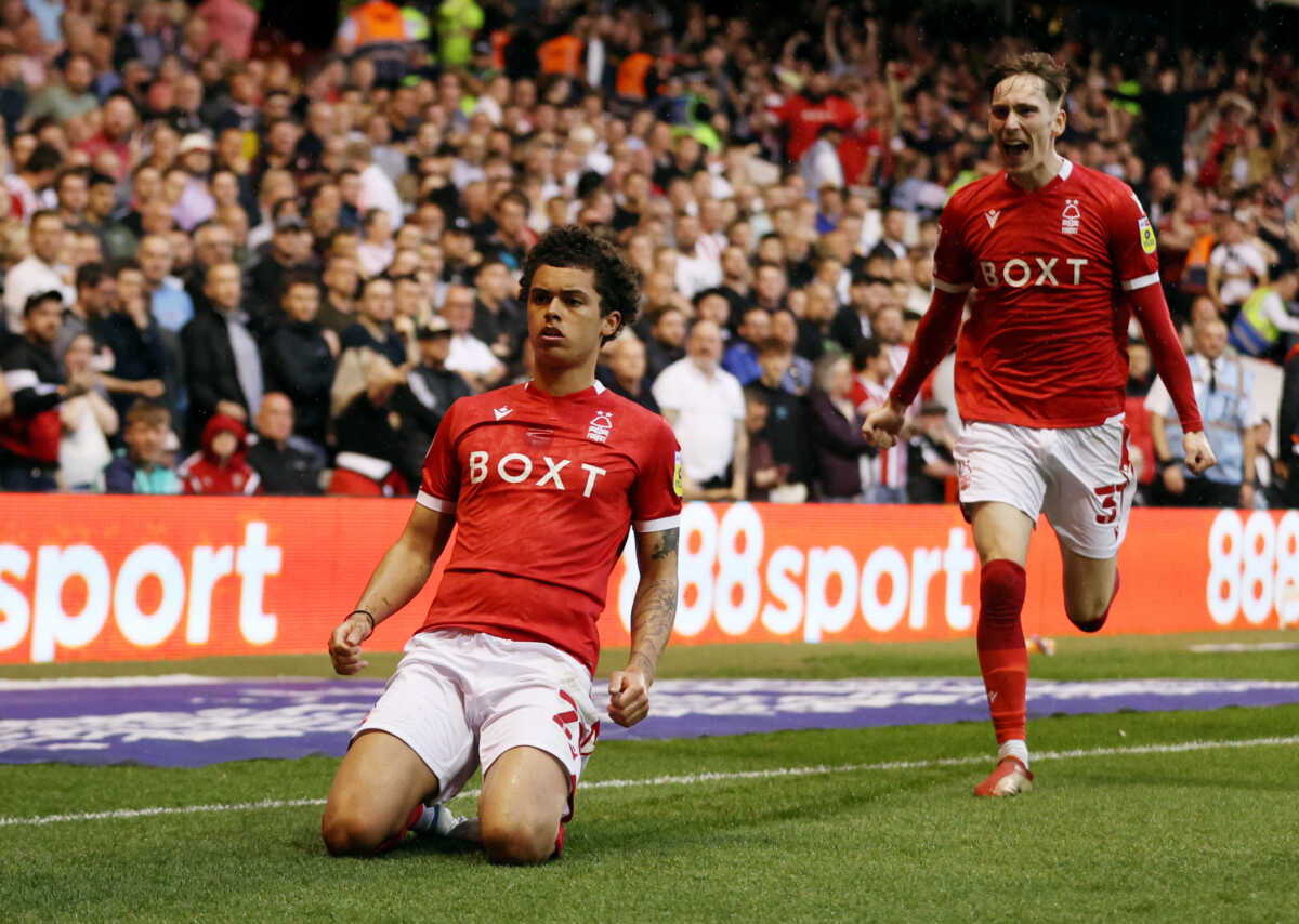 Soccer Football - Championship - Play-Offs Second Leg - Nottingham Forest v Sheffield United - The City Ground, Nottingham, Britain - May 17, 2022 Nottingham Forest's Brennan Johnson celebrates scoring their first goal with James Garner Action Images via Reuters