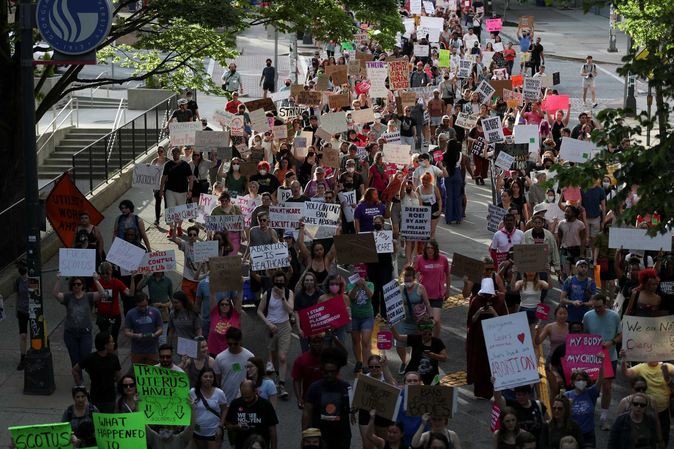 Protestors march down Decatur Street SE in Atlanta as they react to the leak of a draft U.S. Supreme Court majority opinion written by Justice Samuel Alito preparing for a majority of the court to overturn the landmark Roe v. Wade abortion rights decision later this year, in Atlanta, Georgia, U.S., May 3, 2022. REUTERS