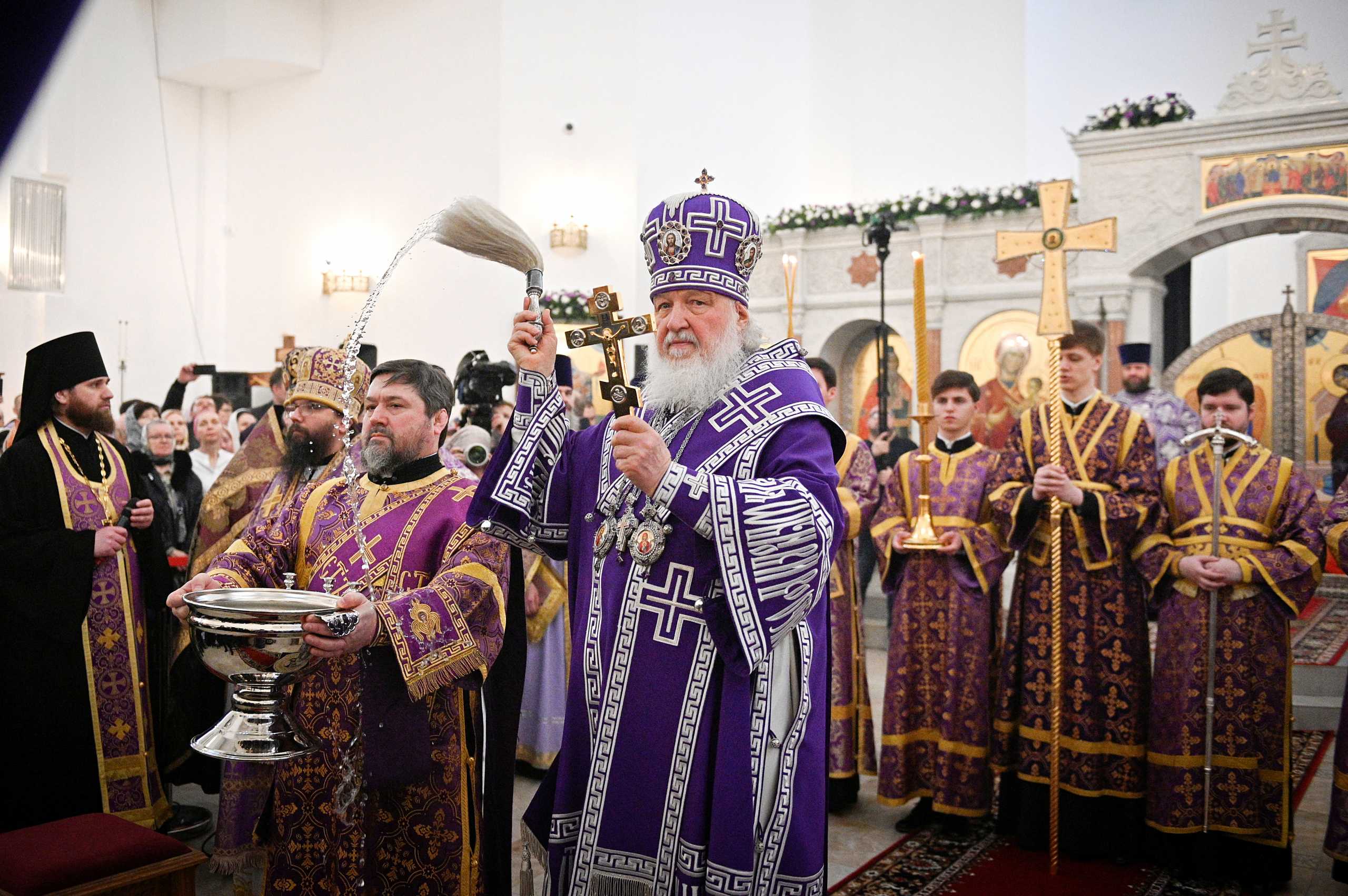 Patriarch Kirill of Moscow and All Russia takes part in a cathedral consecration service in Moscow, Russia April 10, 2022. Patriarchal Press Service
