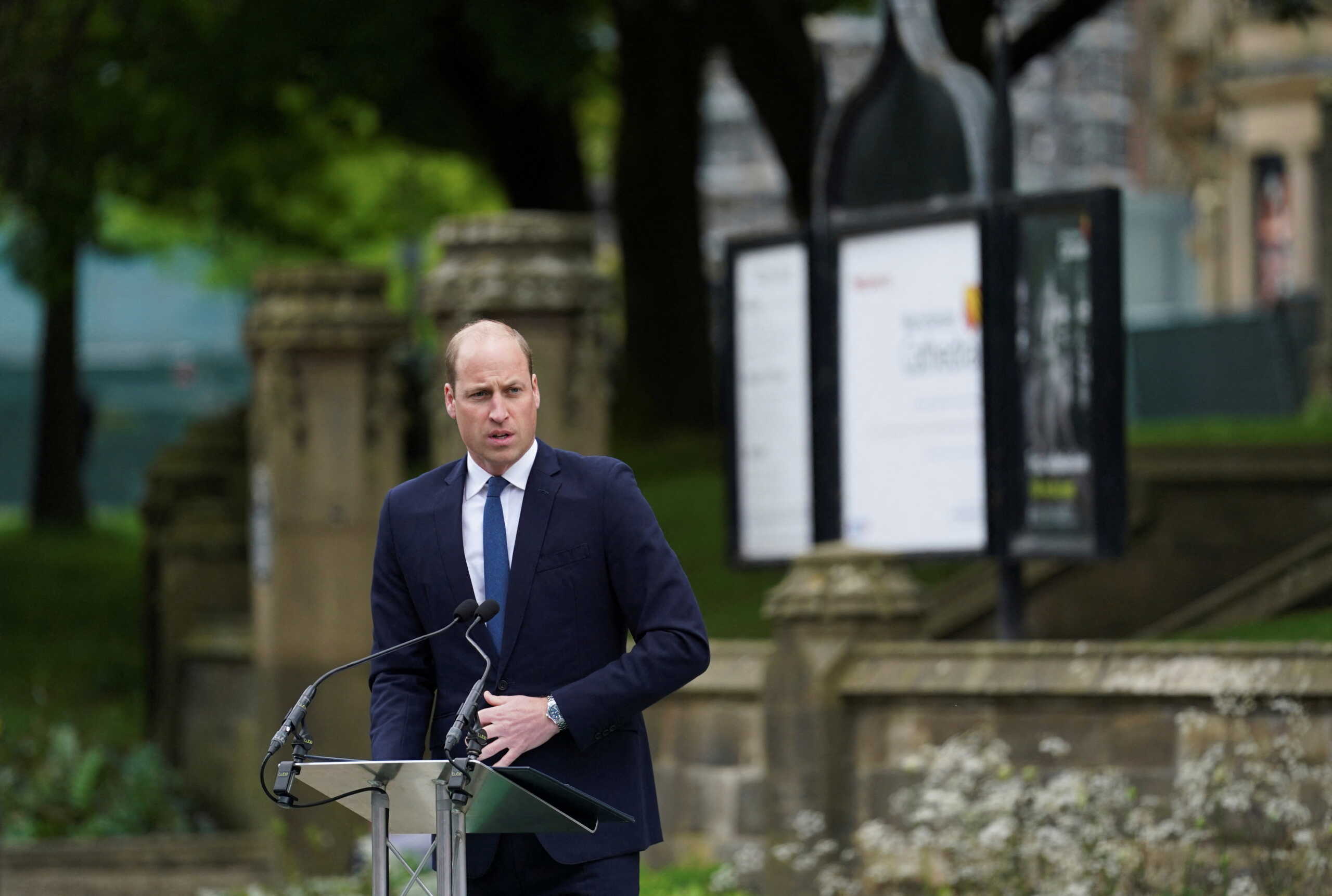 Britain's Prince William delivers a speech as he and his wife Catherine, Duchess of Cambridge, attend the launch of the Glade of Light Memorial, outside Manchester Cathedral, in Manchester, Britain May 10, 2022. Jon Super