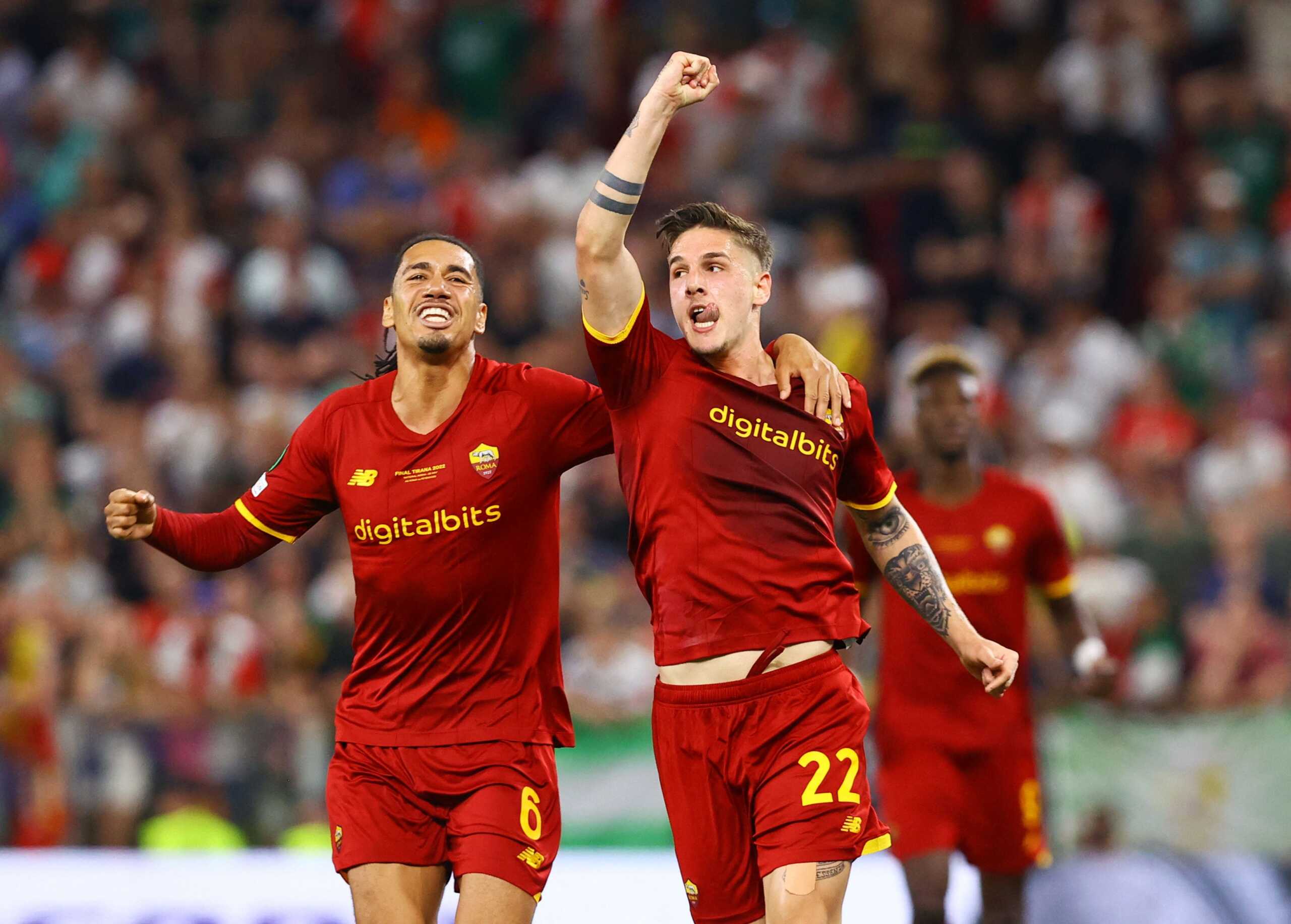 Soccer Football - Europa Conference League - Final - AS Roma v Feyenoord - Arena Kombetare, Tirana, Albania - May 25, 2022  AS Roma's Nicolo Zaniolo celebrates scoring their first goal with Chris Smalling REUTERS