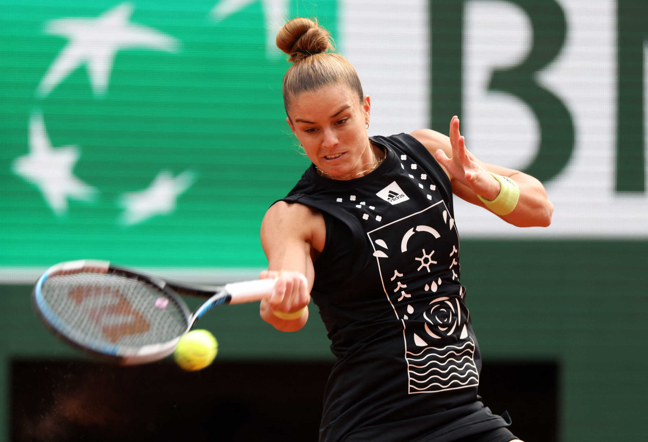 Tennis - French Open - Roland Garros, Paris, France - May 22, 2022 Greece's Maria Sakkari in action during her first round match against France's Clara Burel REUTERS