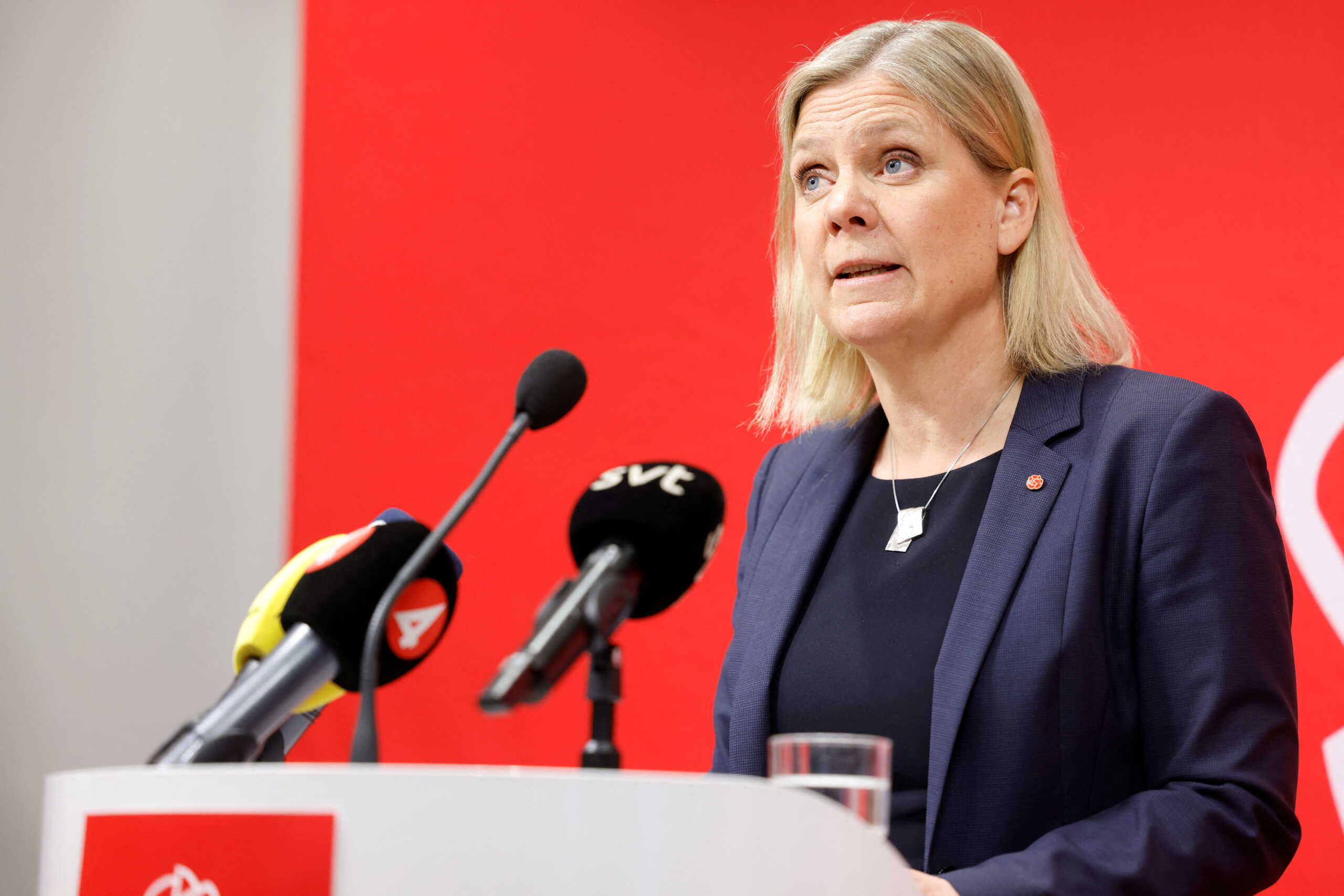 Sweden's Prime Minister Magdalena Andersson holds a news conference following a meeting at the ruling Social Democrats' headquarters on the party's decision on NATO membership, in Stockholm, Sweden, May 15, 2022. TT News Agency