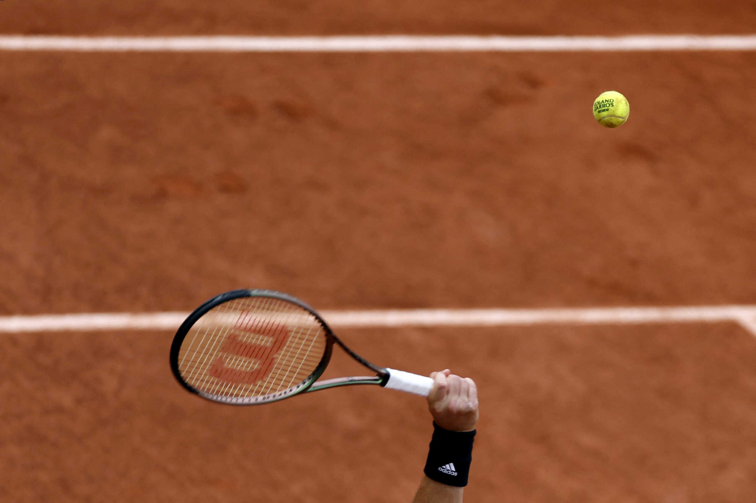 Tennis - French Open - Roland Garros, Paris, France - May 26, 2022 Greece's Stefanos Tsitsipas racket is seen during his second round match against Czech Republic's Zdenek Kolar REUTERS