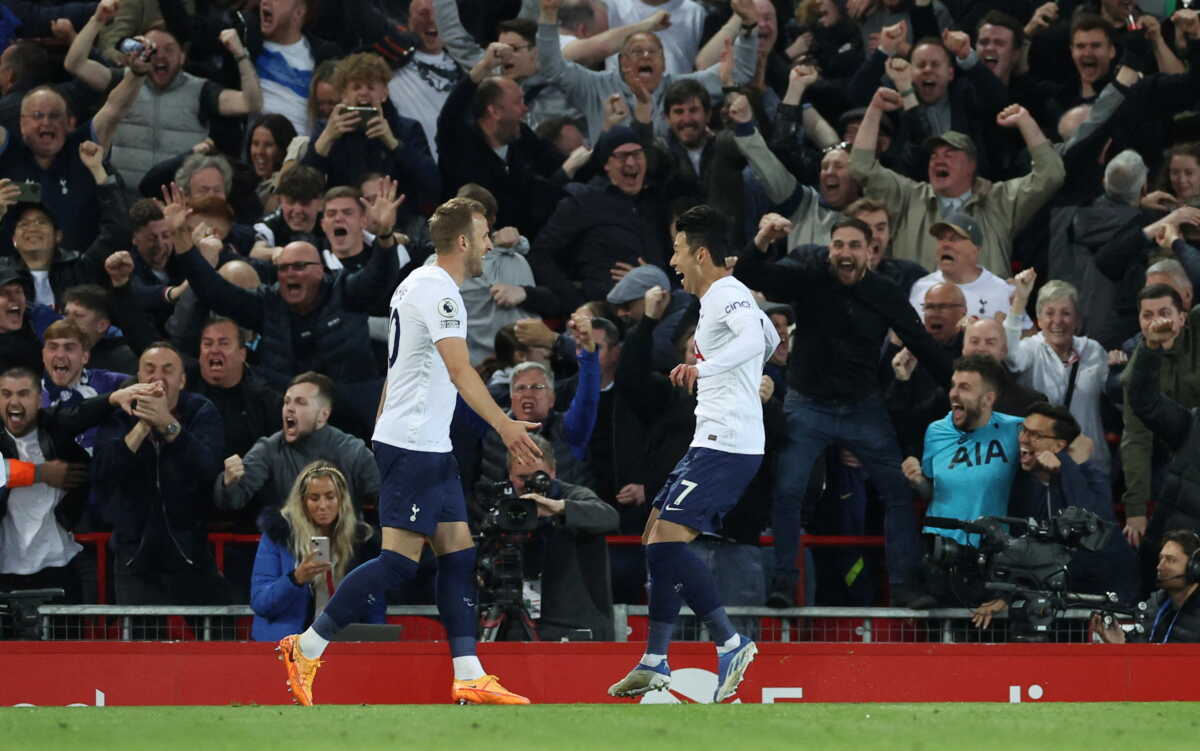 Soccer Football - Premier League - Liverpool v Tottenham Hotspur - Anfield, Liverpool, Britain - May 7, 2022  Tottenham Hotspur's Son Heung-min celebrates scoring their first goal with Harry Kane REUTERS