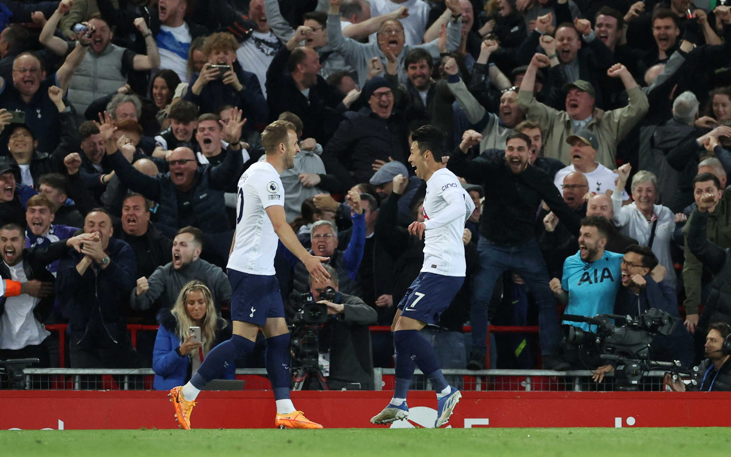 Soccer Football - Premier League - Liverpool v Tottenham Hotspur - Anfield, Liverpool, Britain - May 7, 2022  Tottenham Hotspur's Son Heung-min celebrates scoring their first goal with Harry Kane REUTERS