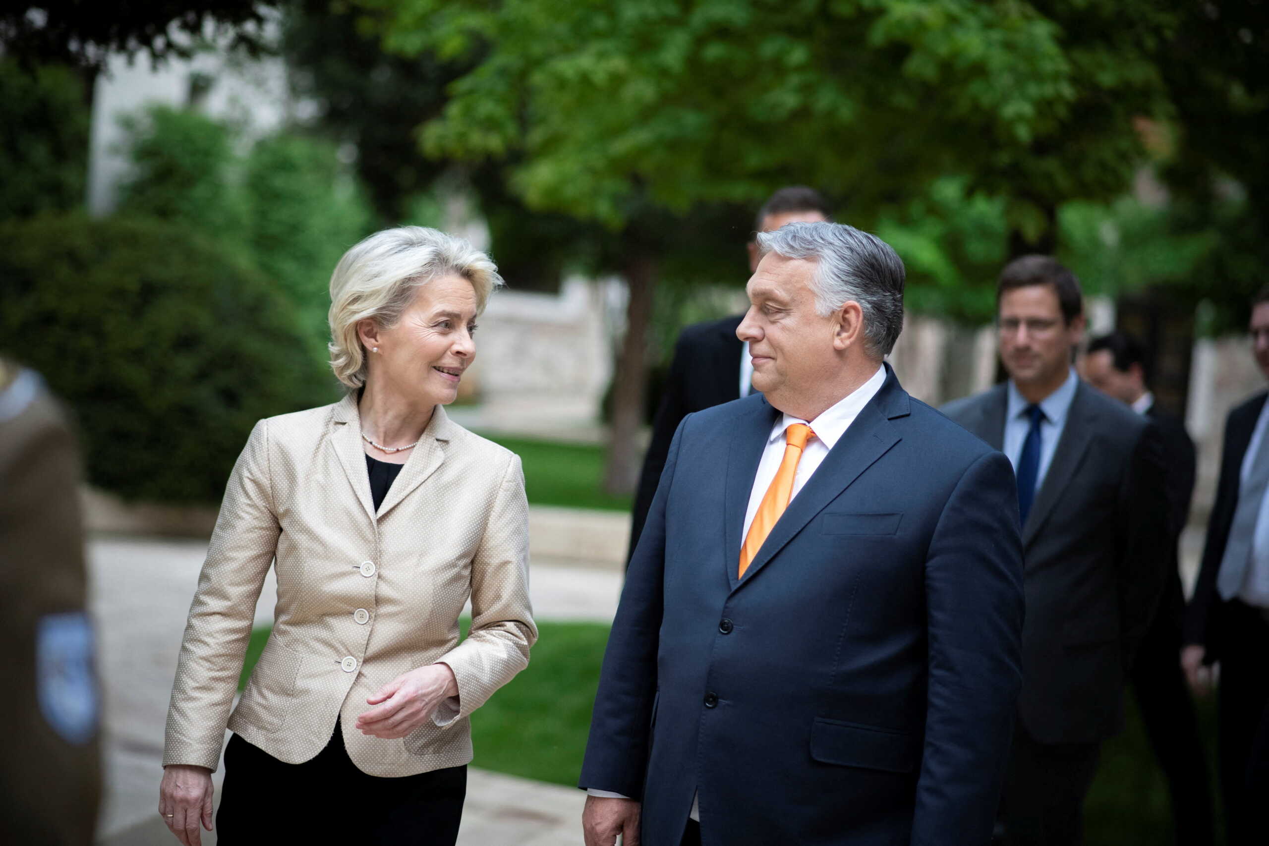 Hungary's Prime Minister Viktor Orban and European Commission President Ursula von der Leyen talk during their meeting in Budapest, Hungary, May 9, 2022. Hungarian Prime Minister's Press Office