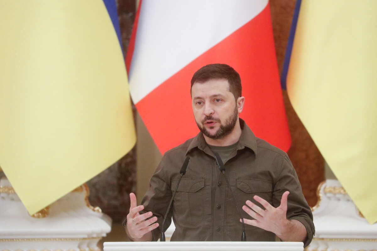 Ukraine's President Volodymyr Zelenskiy speaks during a news conference with Canadian Prime Minister Justin Trudeau (not pictured), as Russia's attack on Ukraine continues, in Kyiv, Ukraine May 8, 2022.  REUTERS