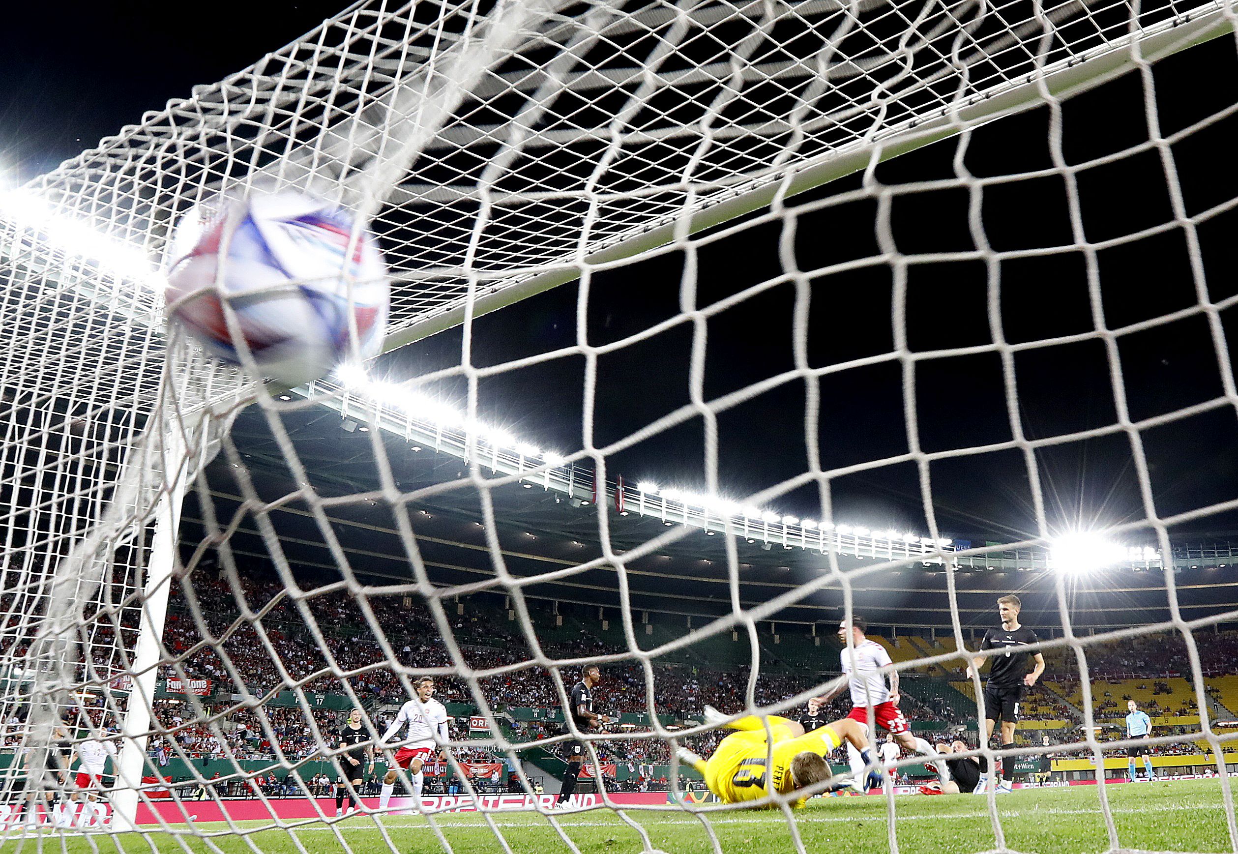 Soccer Football - UEFA Nations League - Group A - Austria v Denmark - Ernst Happel Stadium, Vienna, Austria - June 6, 2022  Denmark's Pierre-Emile Hojbjerg scores their first goal REUTERS