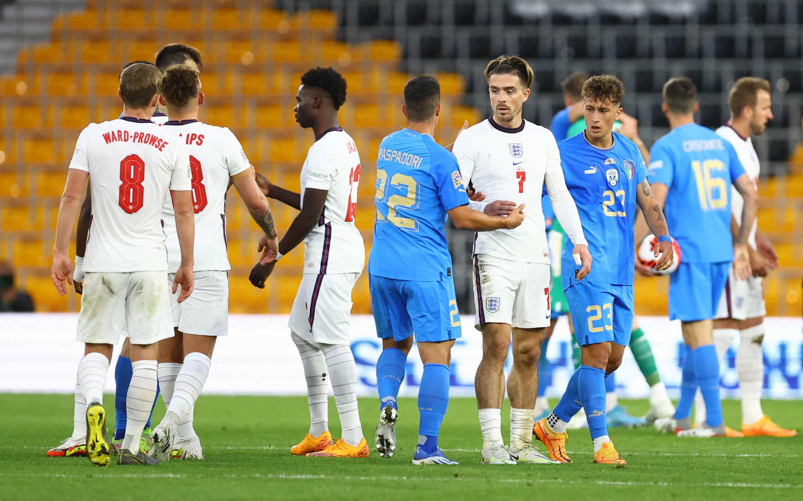 Soccer Football - UEFA Nations League - Group C - England v Italy - Molineux Stadium, Wolverhampton, Britain - June 11, 2022 Italy's Giacomo Raspadori with England's Jack Grealish after the match REUTERS