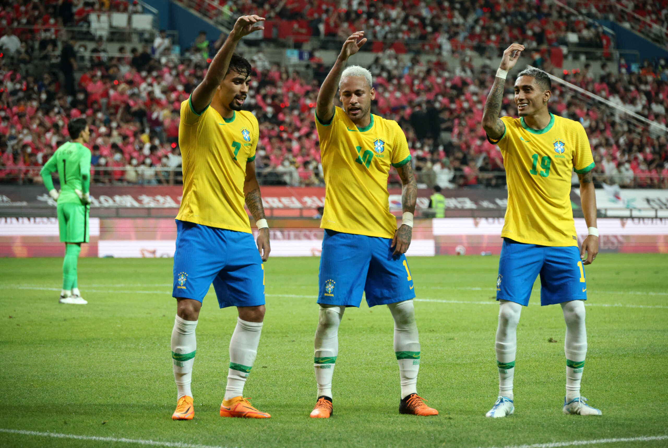 Soccer Football - International Friendly - South Korea v Brazil - Seoul World Cup Stadium, Seoul, South Korea - June 2, 2022 Brazil's Neymar celebrates scoring their second goal with Raphinha and Lucas Paqueta REUTERS