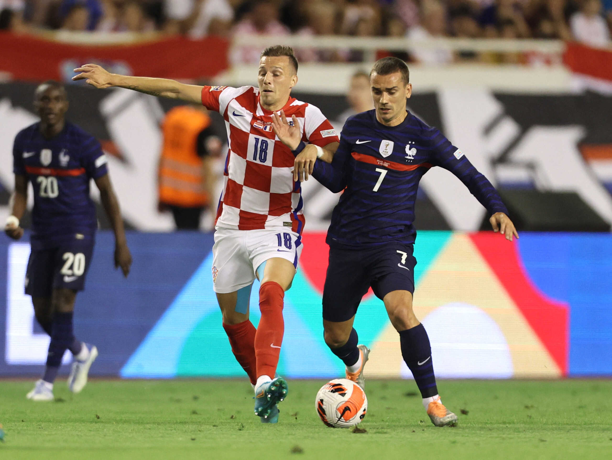 Soccer Football - UEFA Nations League - Group A - Croatia v France - Stadion Poljud, Split, Croatia - June 6, 2022 Croatia's Mislav Orsic in action with France's Antoine Griezmann REUTERS