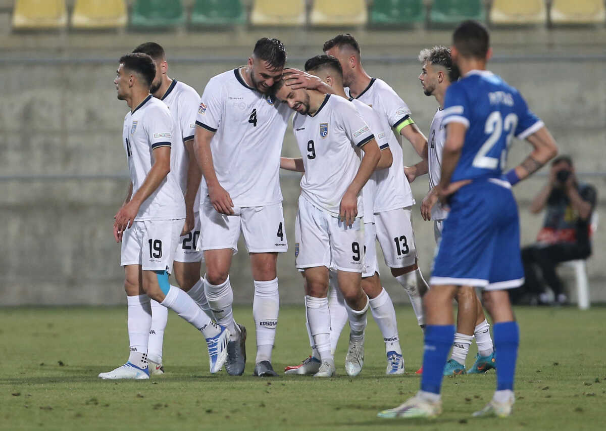 Soccer Football - UEFA Nations League - Group J - Cyprus v Kosovo - AEK Arena - George Karapatakis, Larnaca, Cyprus - June 2, 2022 Kosovo's Edon Zhegrova celebrates scoring their second goal with Mirlind Kryeziu REUTERS