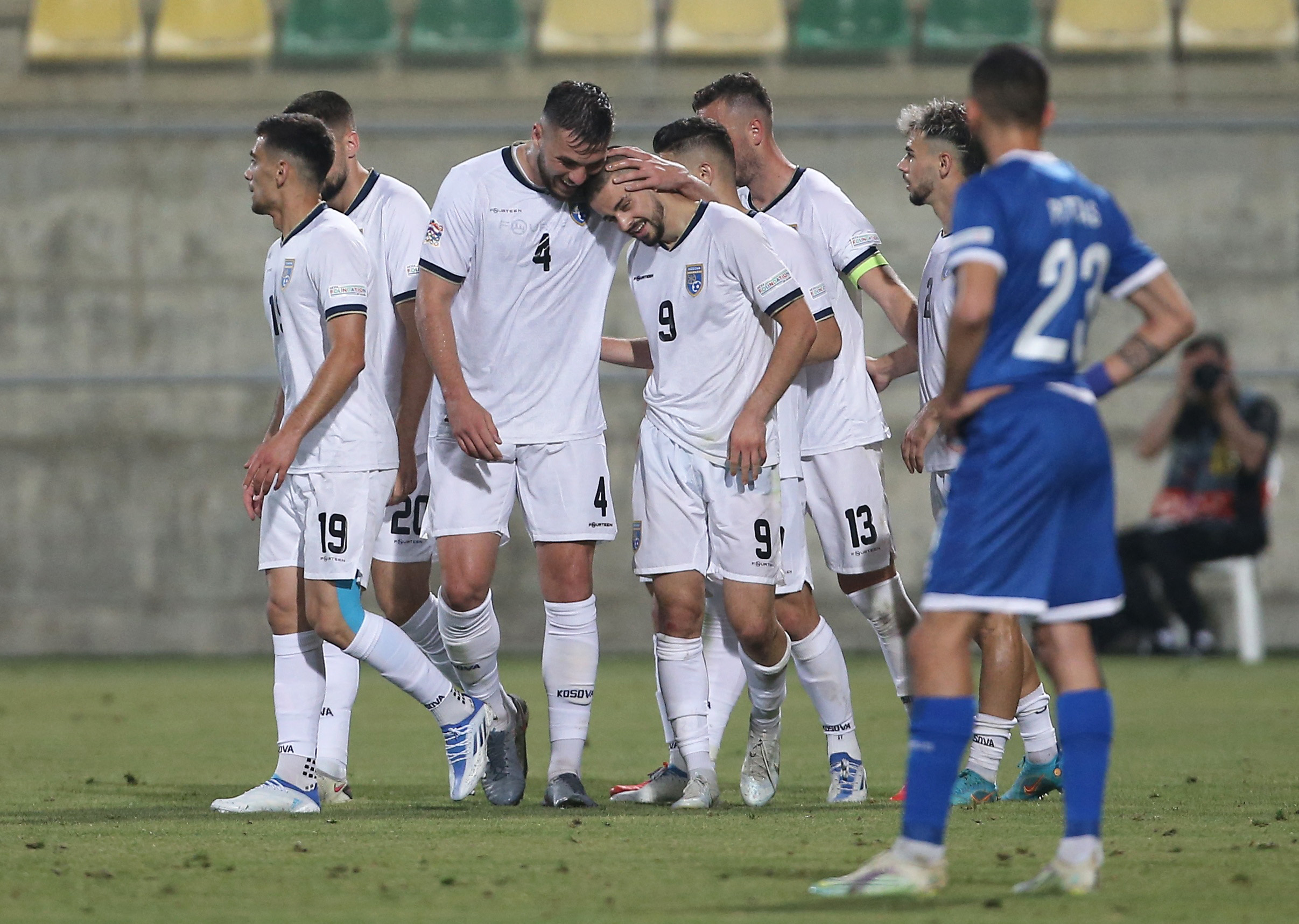 Soccer Football - UEFA Nations League - Group J - Cyprus v Kosovo - AEK Arena - George Karapatakis, Larnaca, Cyprus - June 2, 2022 Kosovo's Edon Zhegrova celebrates scoring their second goal with Mirlind Kryeziu REUTERS