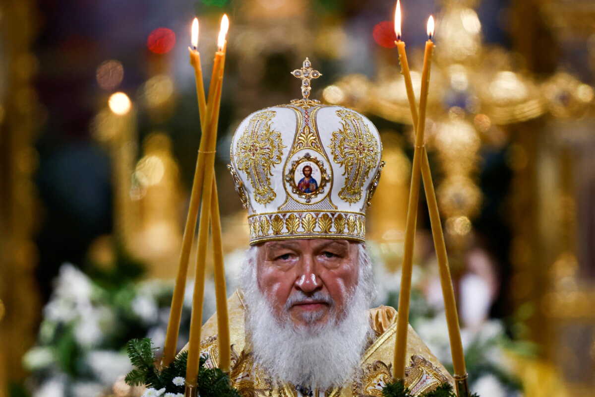 FILE PHOTO: Patriarch Kirill of Moscow and All Russia conducts the Orthodox Christmas service at the Cathedral of Christ the Saviour in Moscow, Russia, January 6, 2022. REUTERS
