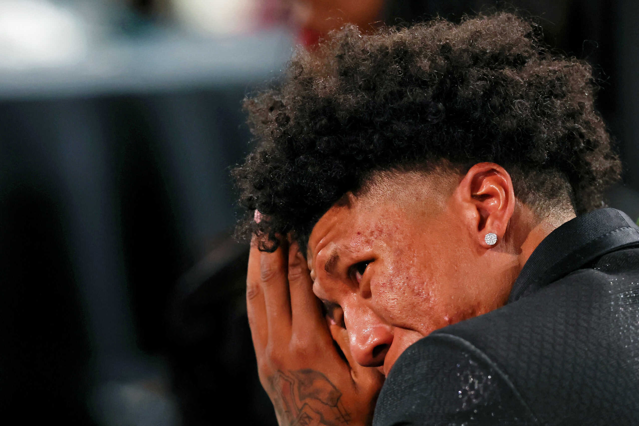 Jun 23, 2022; Brooklyn, NY, USA; MarJon Beauchamp (G League Ignite) reacts after being selected as the number twenty-four overall pick by the Milwaukee Bucks in the first round of the 2022 NBA Draft at Barclays Center. Mandatory Credit: Brad Penner-USA TODAY Sports