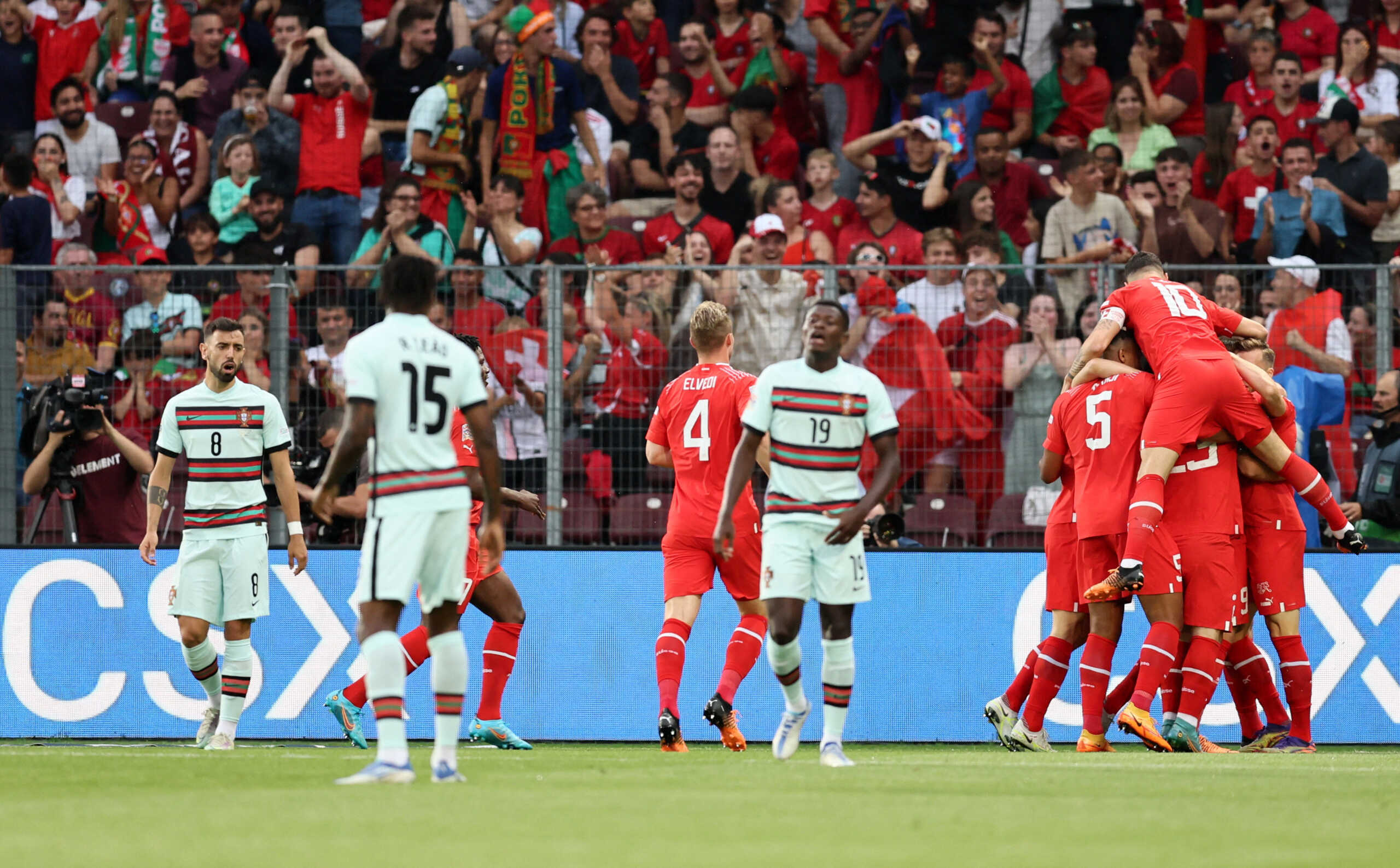 Soccer Football - UEFA Nations League - Group B - Switzerland v Portugal - Stade de Geneve, Lancy near Geneva, Switzerland - June 12, 2022 Switzerland's Haris Seferovic celebrates scoring their first goal with teammates REUTERS