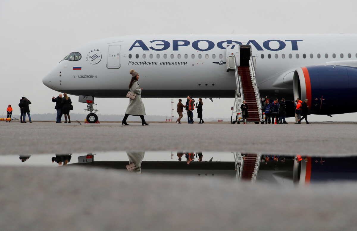 FILE PHOTO: A view shows the first Airbus A350-900 aircraft of Russia's flagship airline Aeroflot during a media presentation at Sheremetyevo International Airport outside Moscow, Russia March 4, 2020. REUTERS