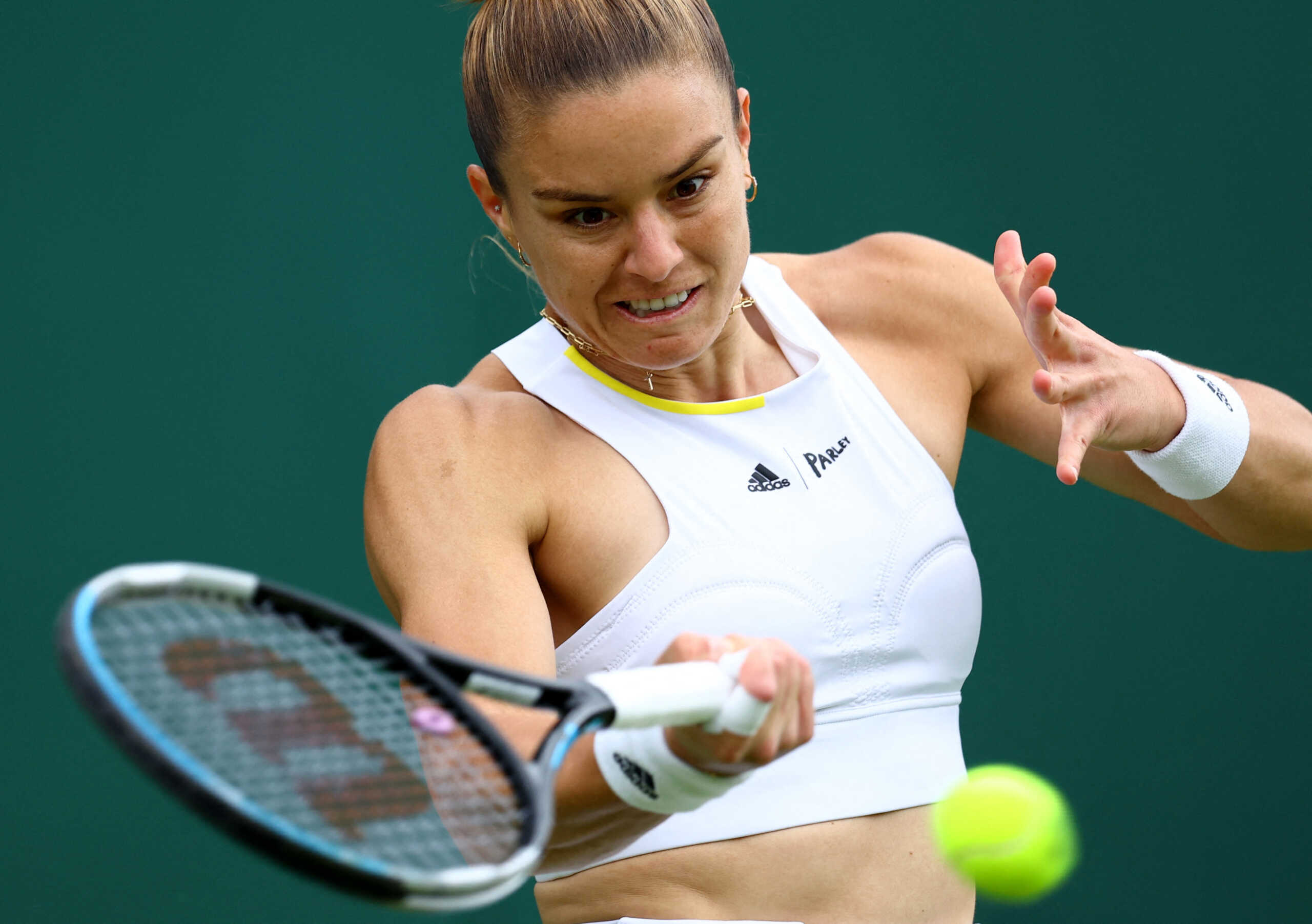 Tennis - Wimbledon - All England Lawn Tennis and Croquet Club, London, Britain - June 28, 2022 Greece's Maria Sakkari in action during her first round match against Australia's Zoe Hives REUTERS