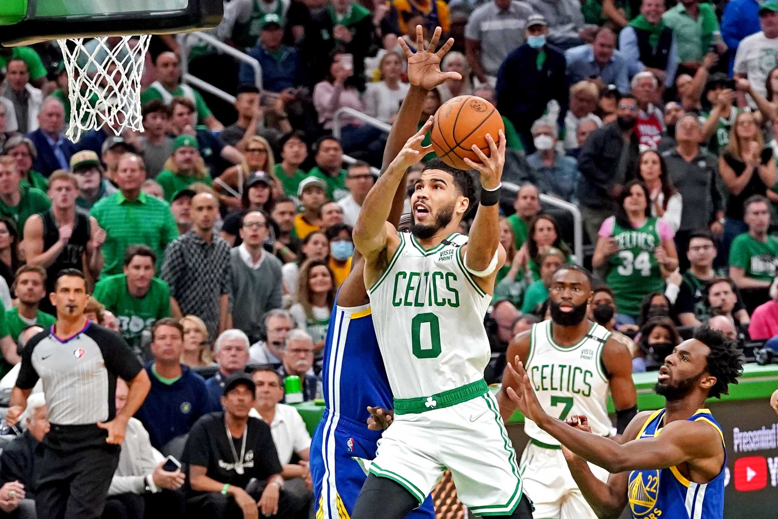 Jun 16, 2022; Boston, Massachusetts, USA; Boston Celtics forward Jayson Tatum (0) shoots the ball against Golden State Warriors forward Andrew Wiggins (22) in game six of the 2022 NBA Finals at TD Garden. Mandatory Credit: Kyle Terada-USA TODAY Sports