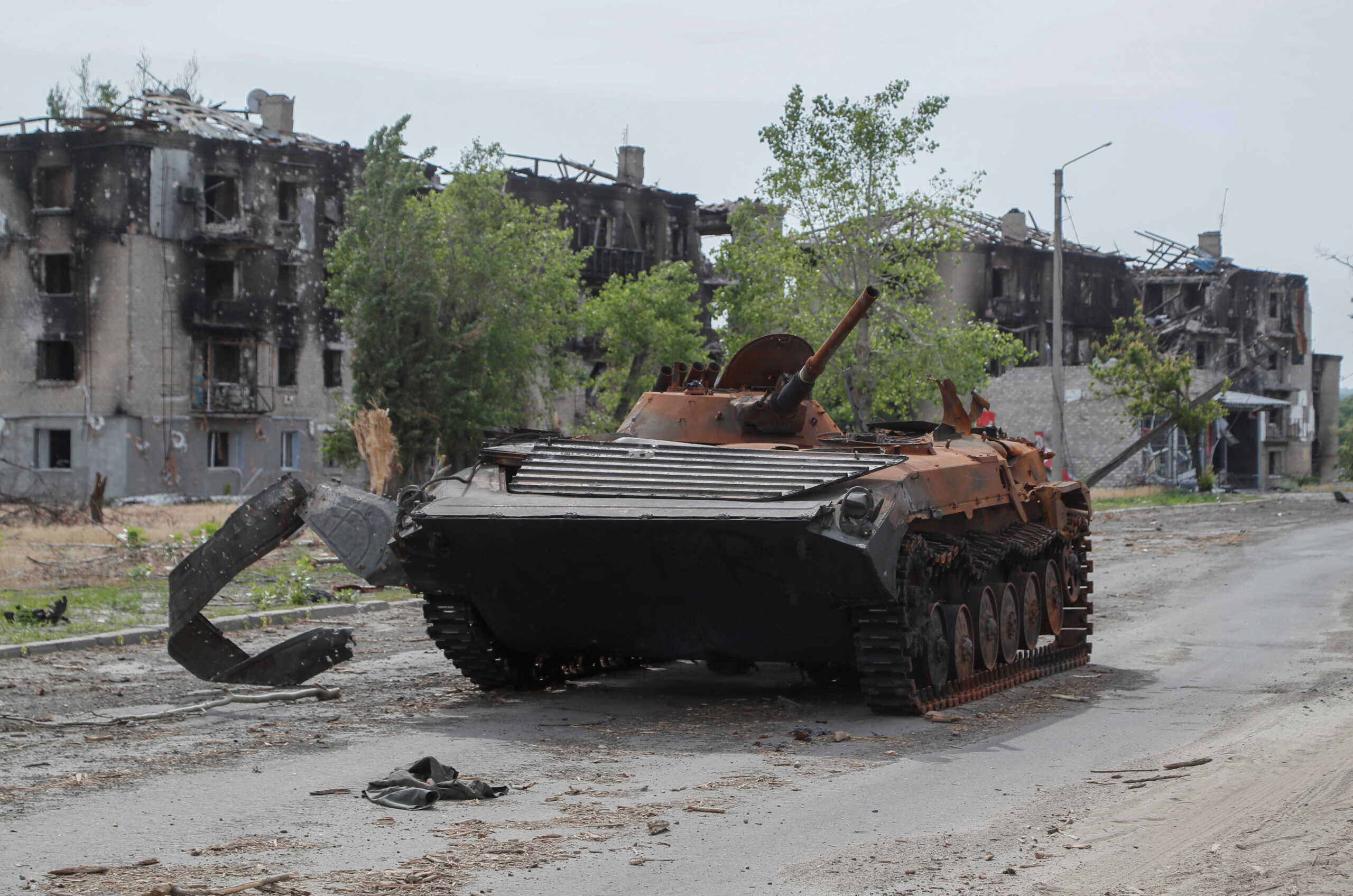 A view shows an armoured vehicle destroyed during Ukraine-Russia conflict in the town of Rubizhne in the Luhansk region, Ukraine June 1, 2022. REUTERS