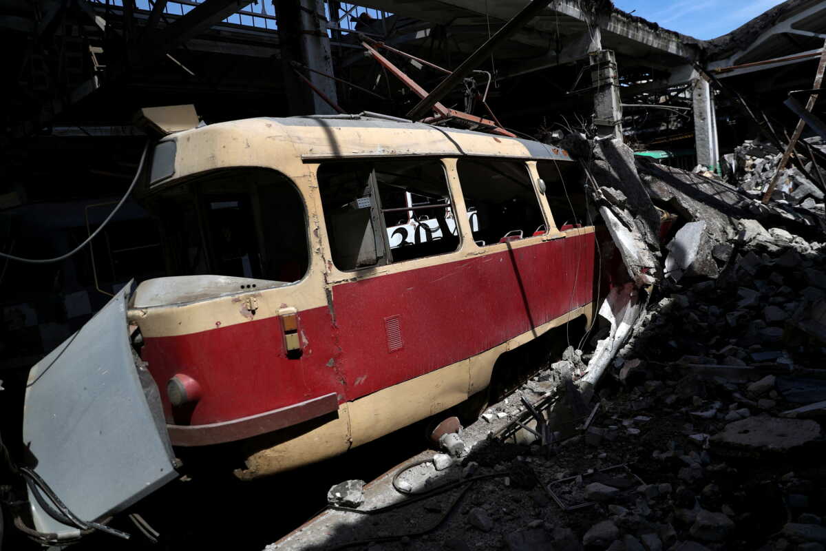 A damaged tram is pictured at a shelled tram depot, amid Russia's attack on Ukraine, in Kharkiv, Ukraine June 15, 2022. REUTERS