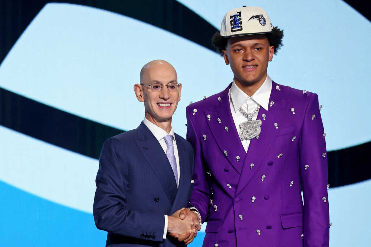 Jun 23, 2022; Brooklyn, NY, USA; Paolo Banchero (Duke) shakes hands with NBA commissioner Adam Silver after being selected as the number one overall pick by the Orlando Magic in the first round of the 2022 NBA Draft at Barclays Center. Mandatory Credit: Brad Penner-USA TODAY Sports