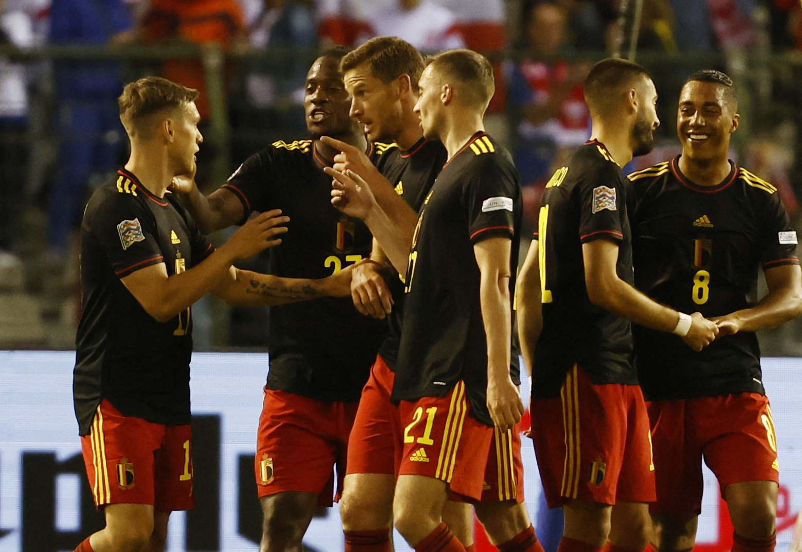 Soccer Football - UEFA Nations League - Group D - Belgium v Poland - King Baudouin Stadium, Brussels, Belgium - June 8, 2022 Belgium's Leandro Trossard celebrates scoring their fourth goal with teammates REUTERS